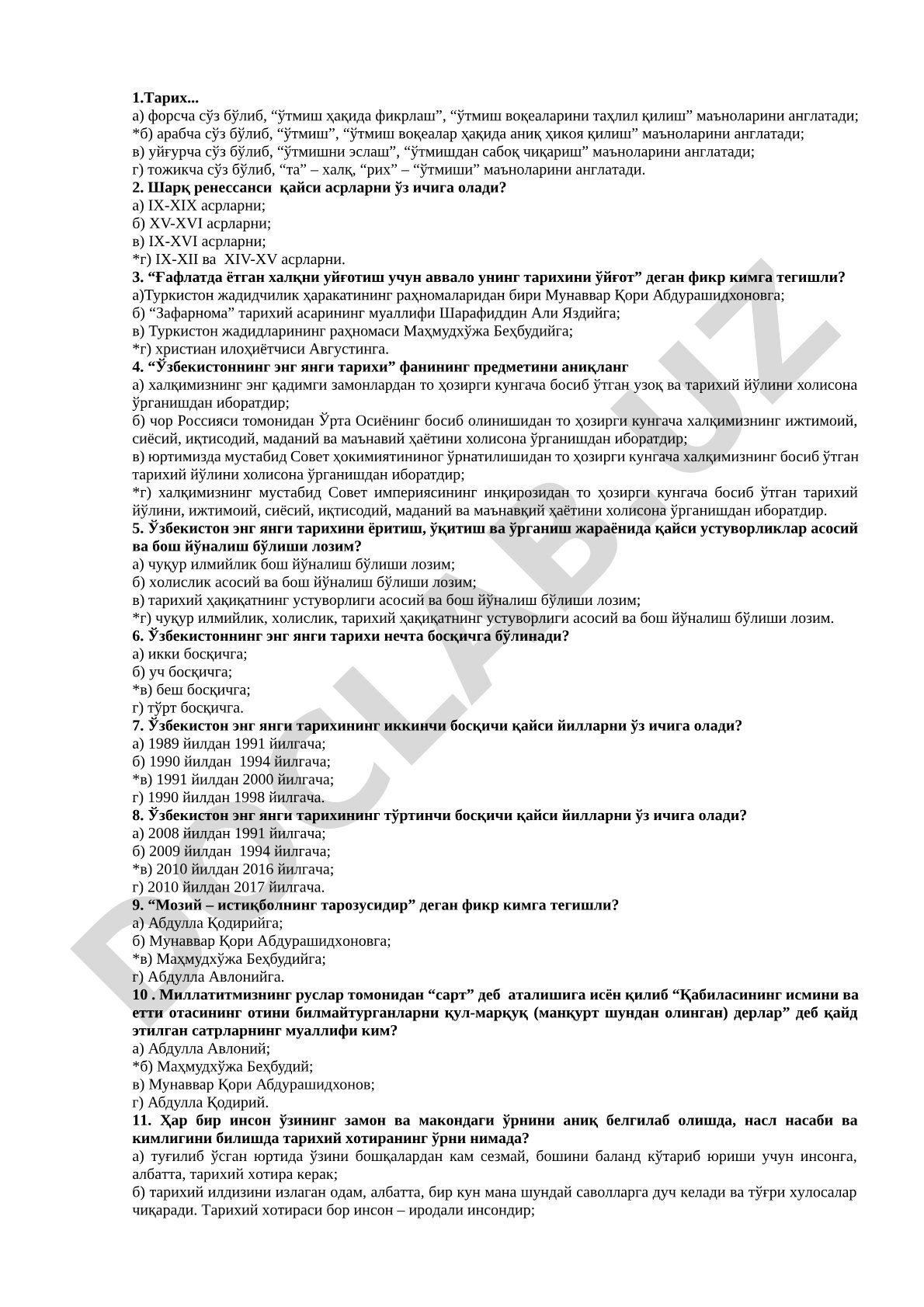 Tarix fanidan test savollari