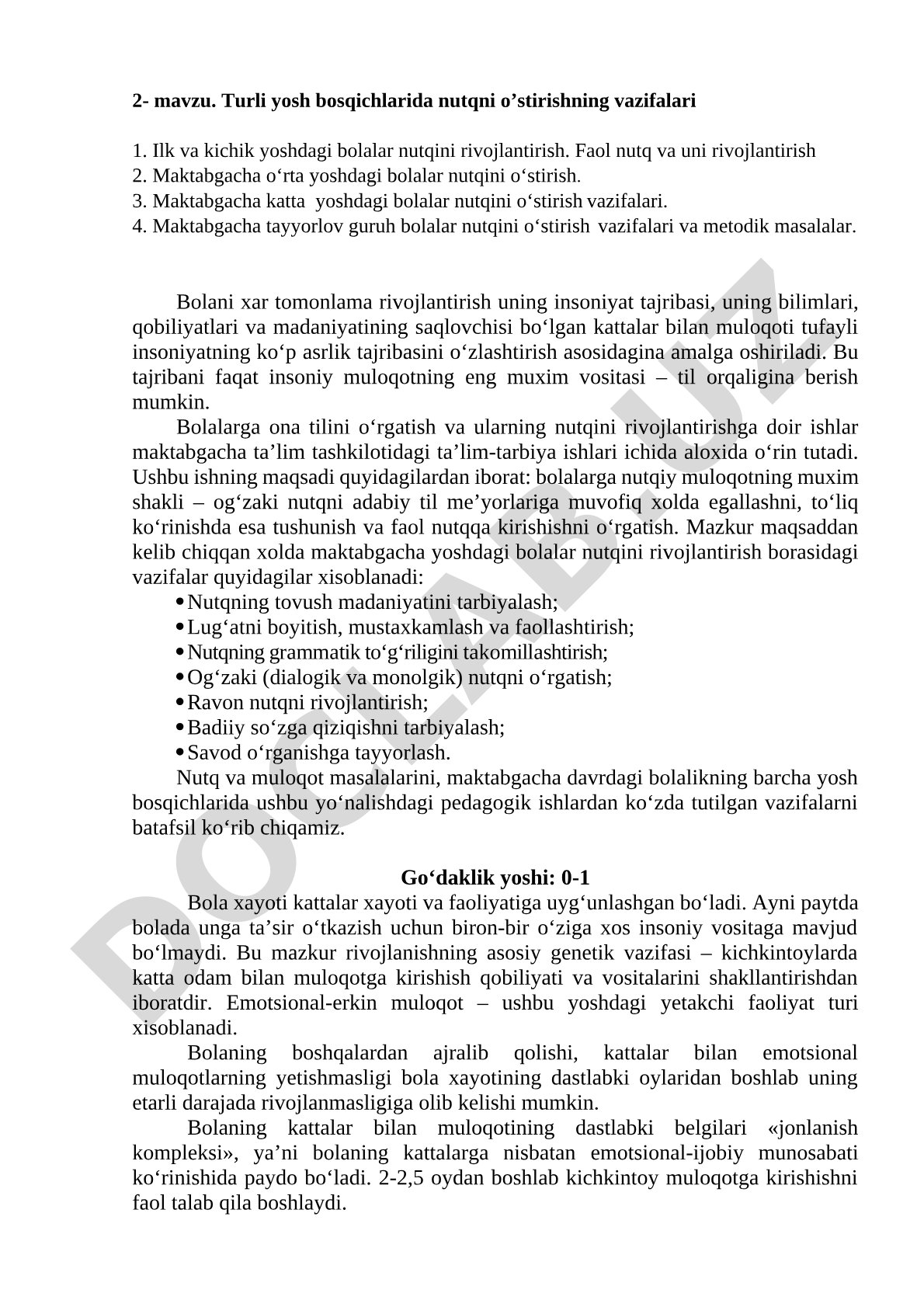Turli yosh bosqichlarida nutqni o’stirishning vazifalari