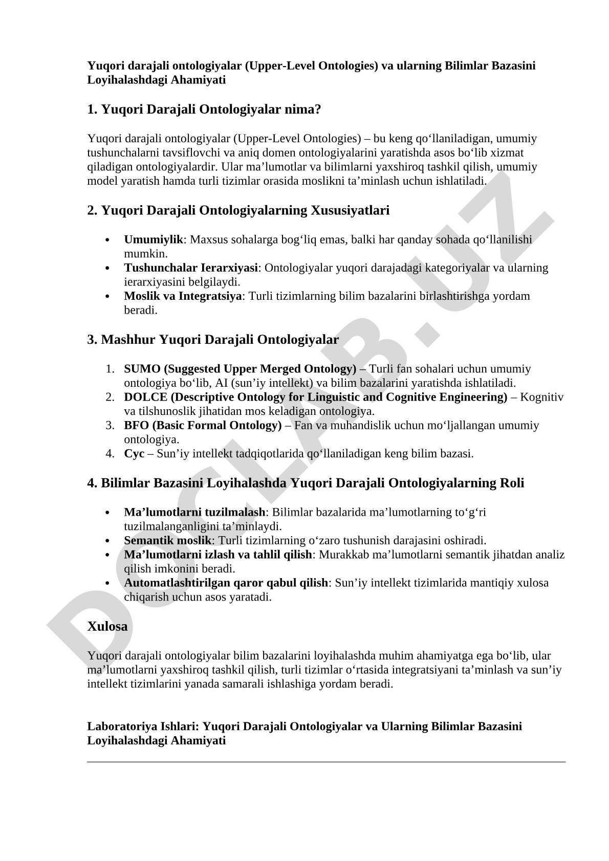 Yuqori darajali ontologiyalar (Upper-Level Ontologies) va ularning Bilimlar Bazasini Loyihalashdagi Ahamiyati