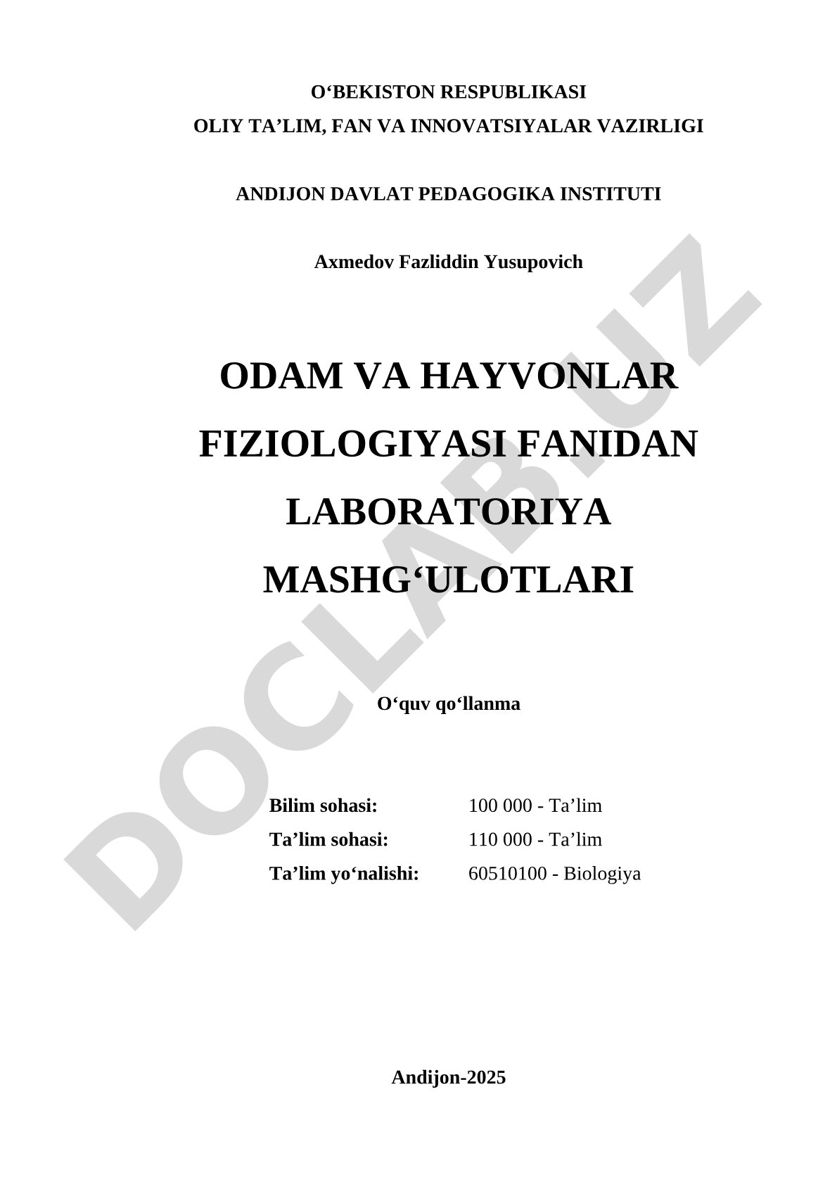 Odam va hayvonlar fiziologiyasi fanidan laboratoriya mashg'ulotlari