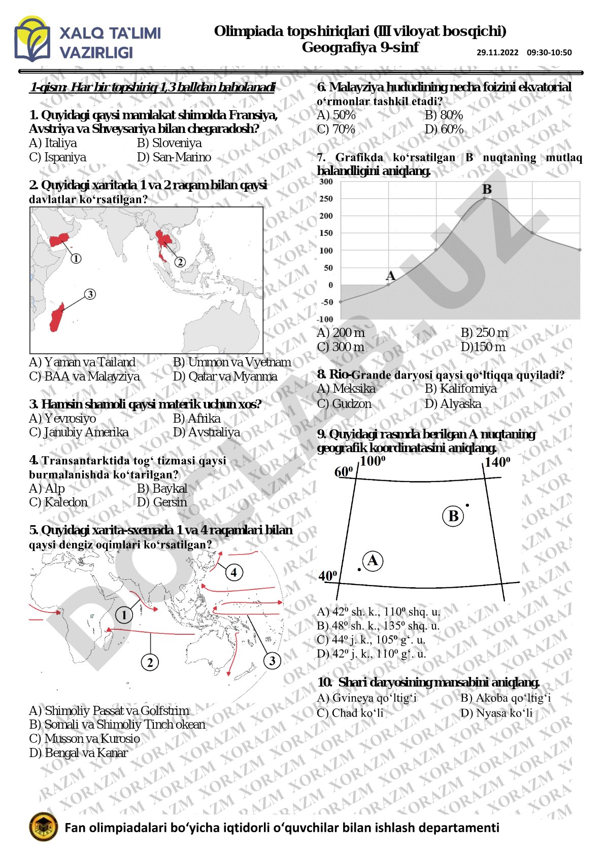 Geografiya 9-sinf olimpiada topshiriqlari (III viloyat bosqichi)