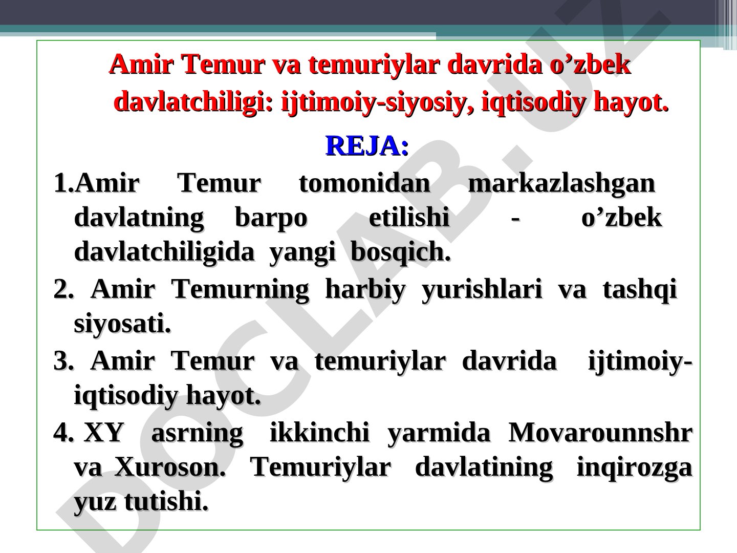 Amir Temur va temuriylar davrida o’zbek davlatchiligi: ijtimoiy-siyosiy, iqtisodiy hayot.