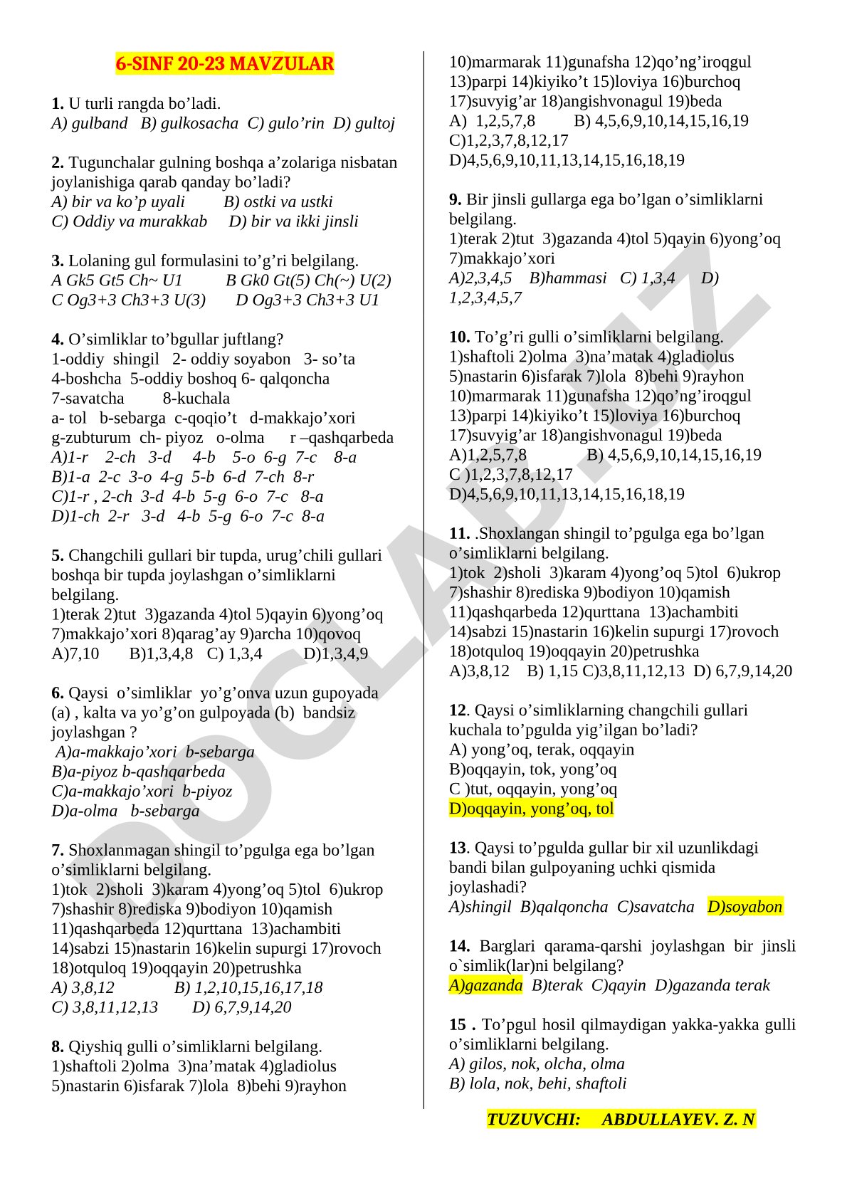 6-sinf gul tuzilishi, gul formulasi va to'pgullar