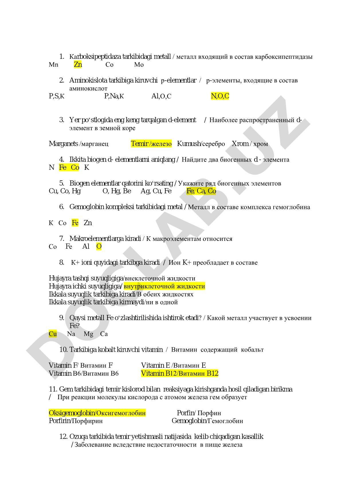 Biogen elementlar va metallar test savollari