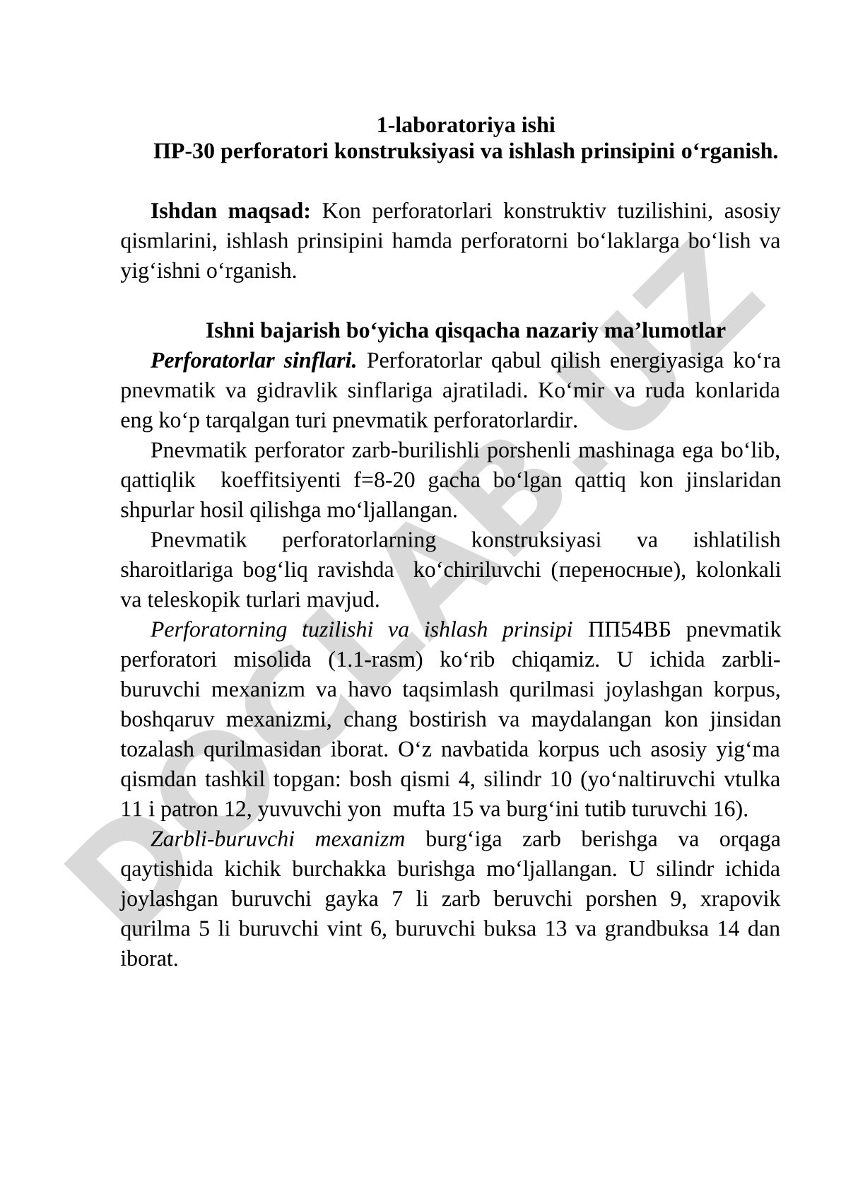 1-laboratoriya ishi ПР-30 perforatori konstruksiyasi va ishlash prinsipini o‘rganish