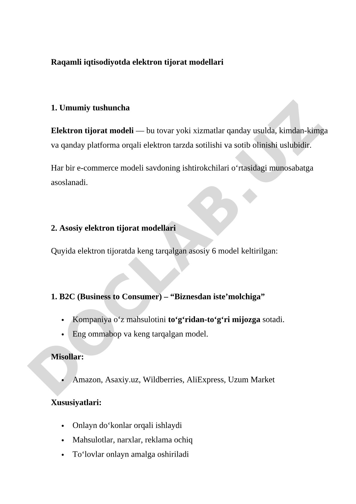 Raqamli iqtisodiyotda elektron tijorat modellari