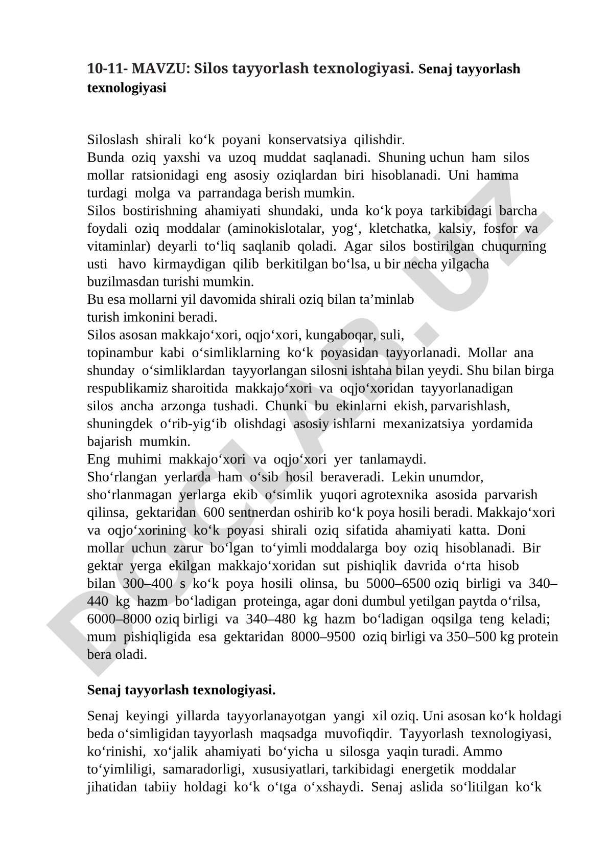 Silos tayyorlash texnologiyasi. Senaj tayyorlash texnologiyasi