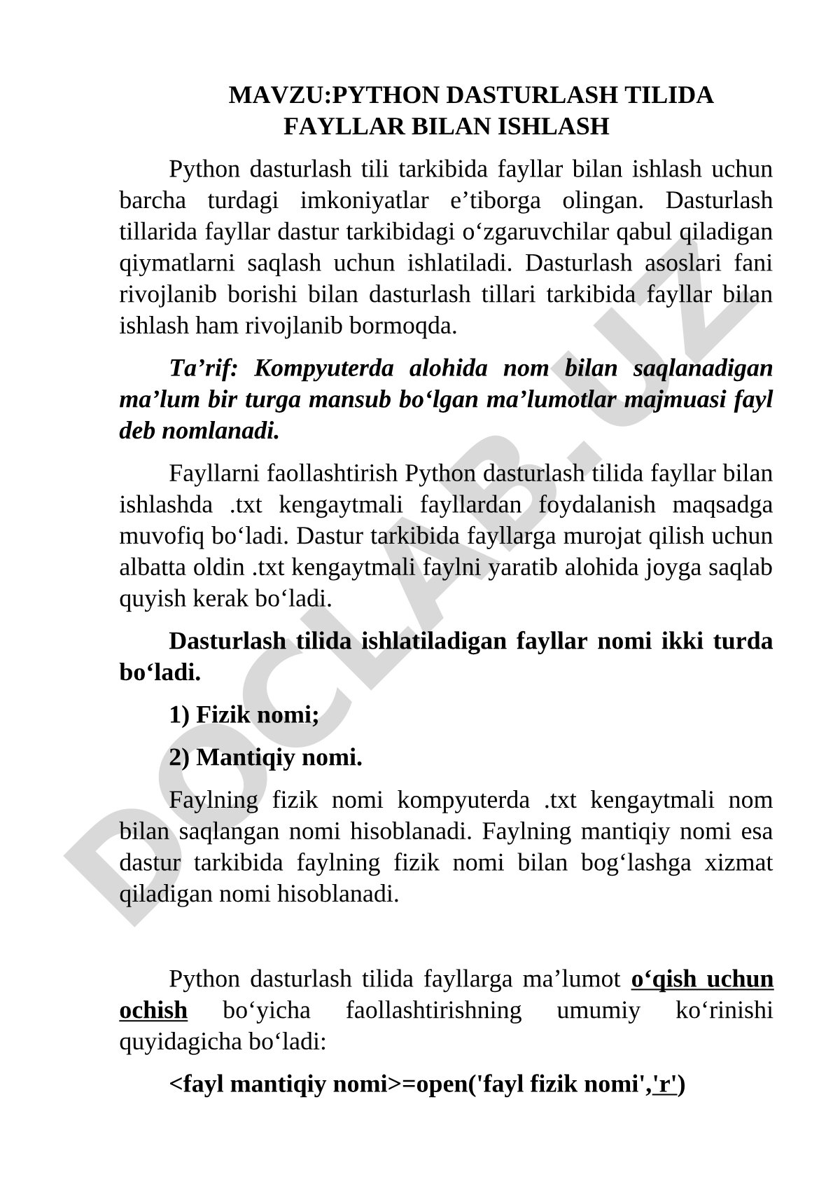 Python dasturlash tilida fayllar bilan ishlash