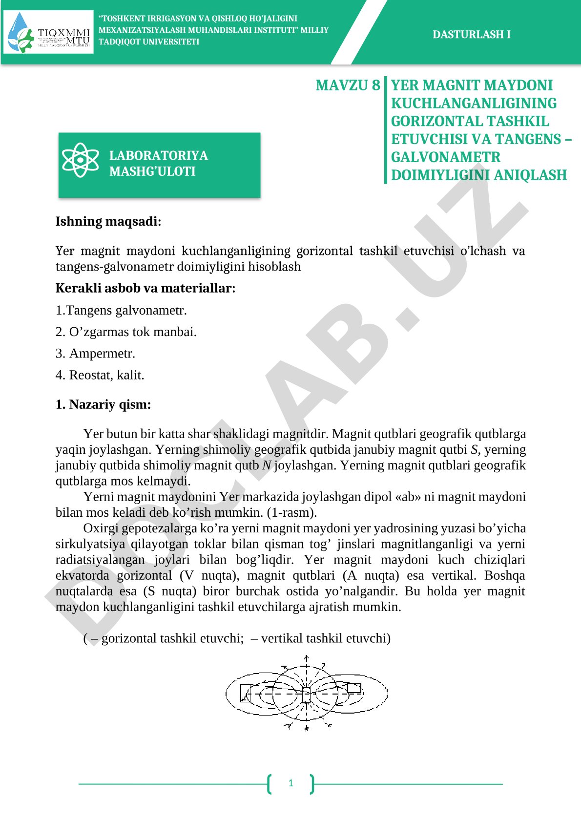 Yer magnit maydoni kuchlanganligining gorizontal tashkil etuvchisi va tangens-galvanometr doimiyligi