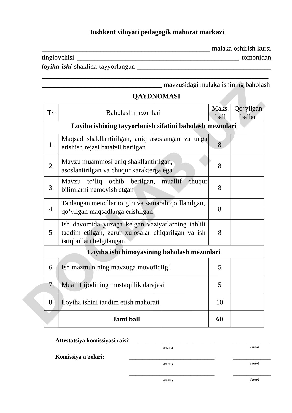 Loyiha ishini baholash qaydnomasi