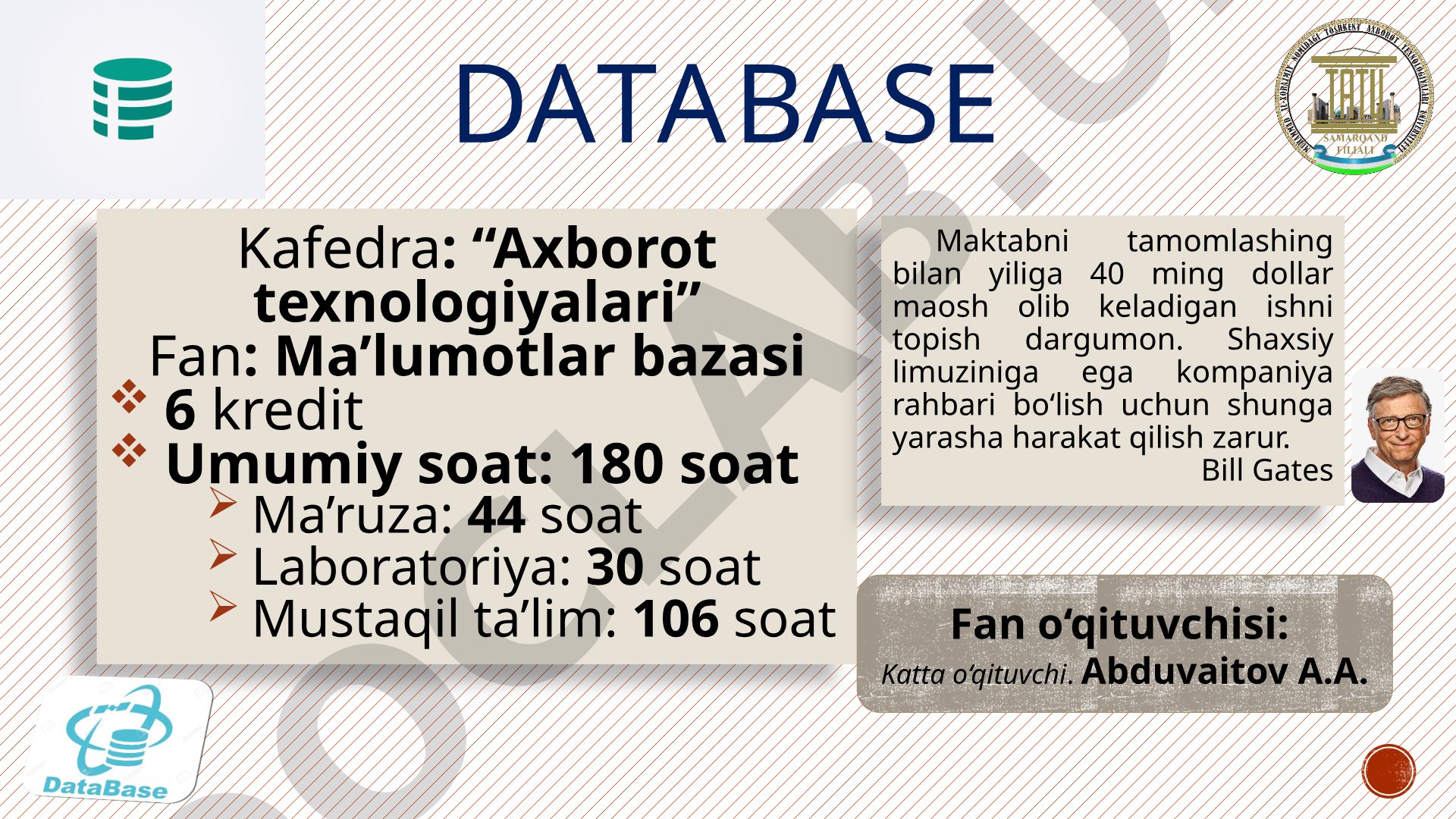 SQL (Structured Query Language) tili. SQL operatorlarini yozish.