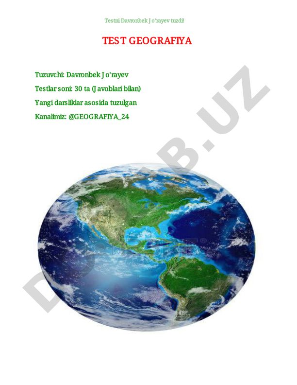 Geografiya fanidan test savollari va javoblari