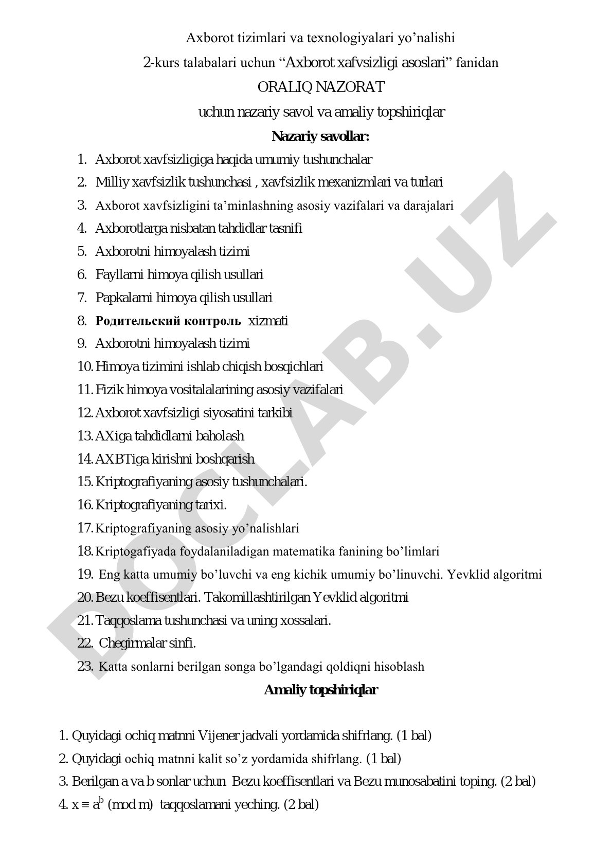 Axborot xavfsizligi asoslari fanidan oraliq nazorat savollari va topshiriqlari