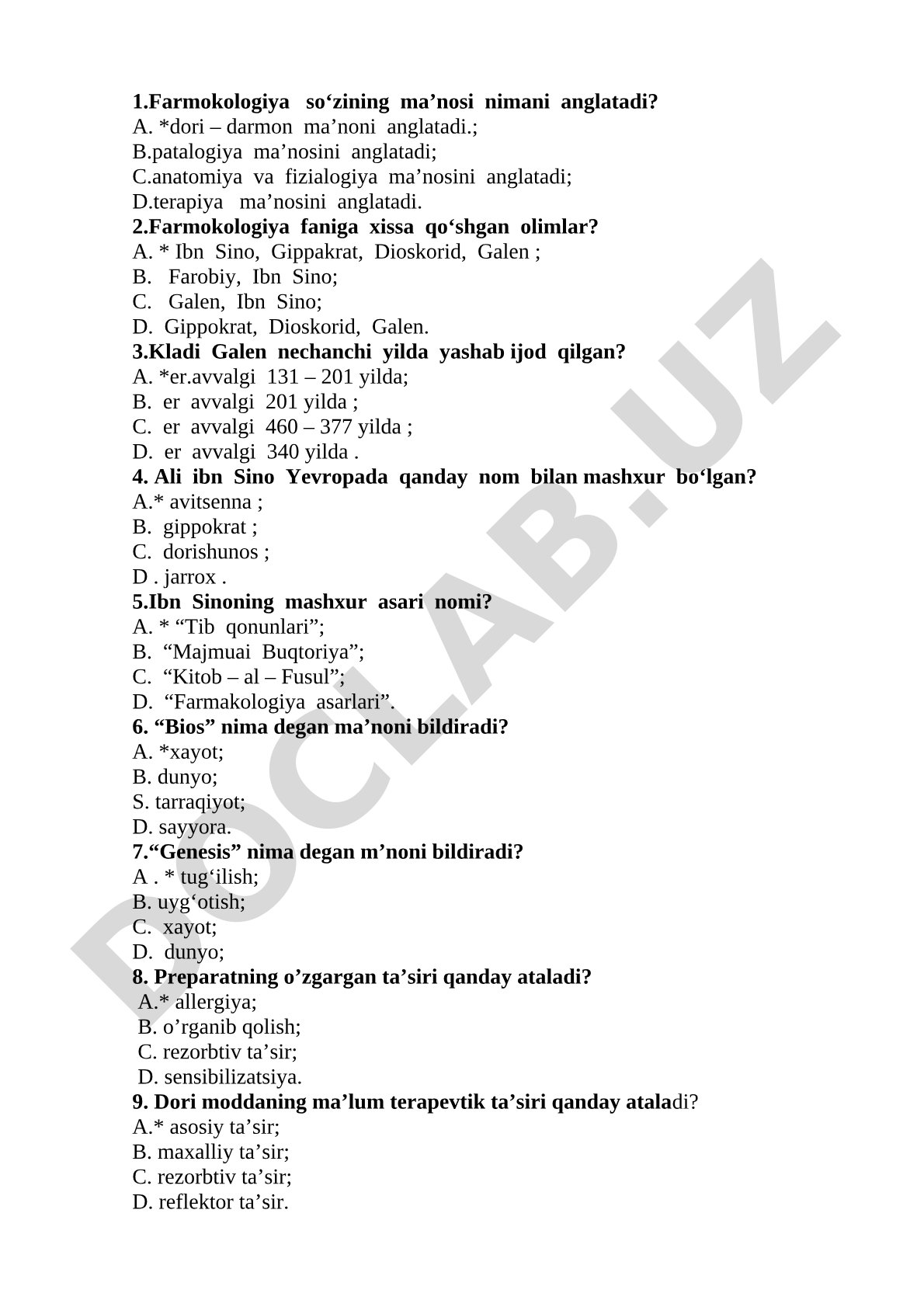 Farmokologiya fanidan test savollari