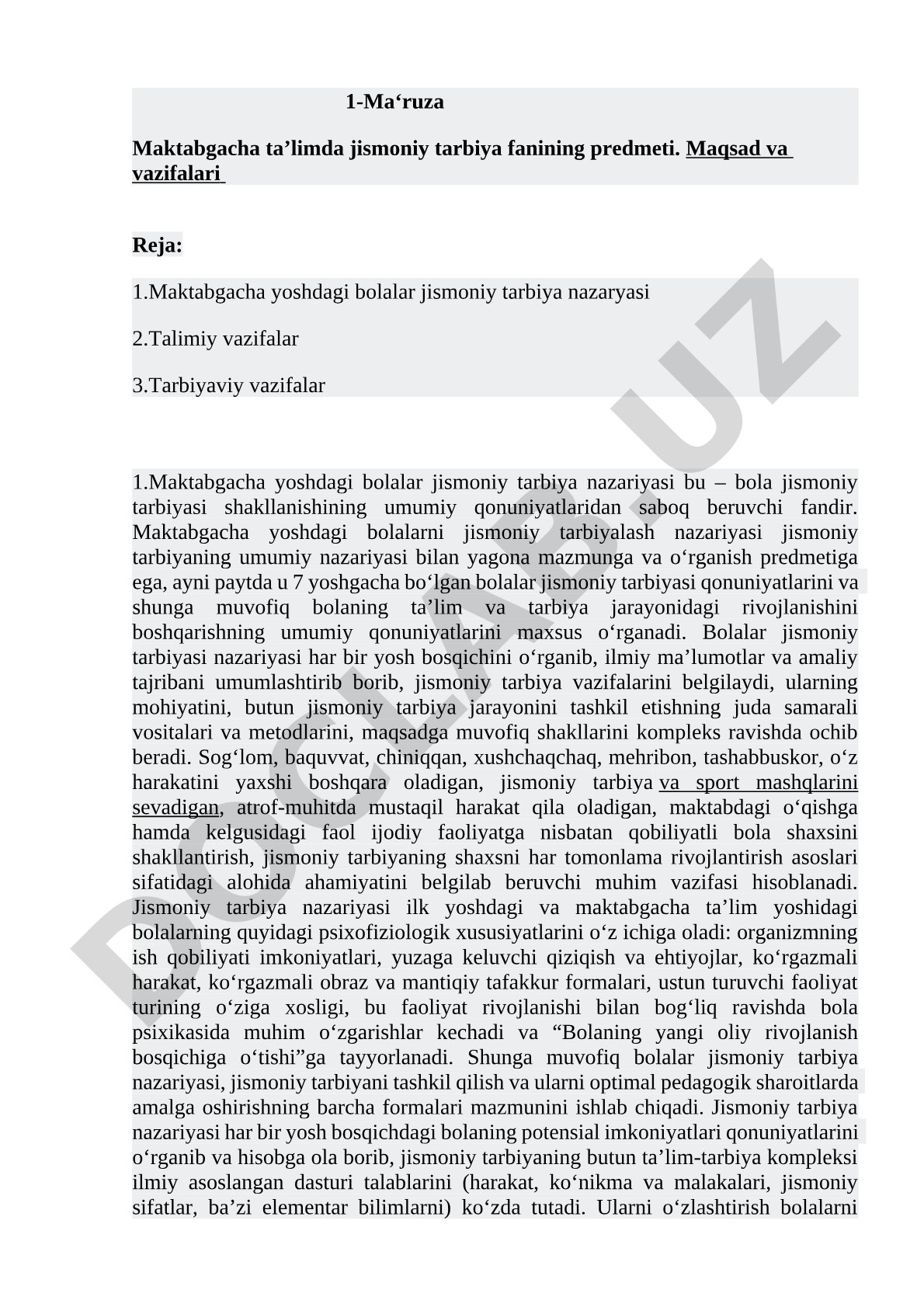 Maktabgacha ta’limda jismoniy tarbiya fanining predmeti, maqsad va vazifalari