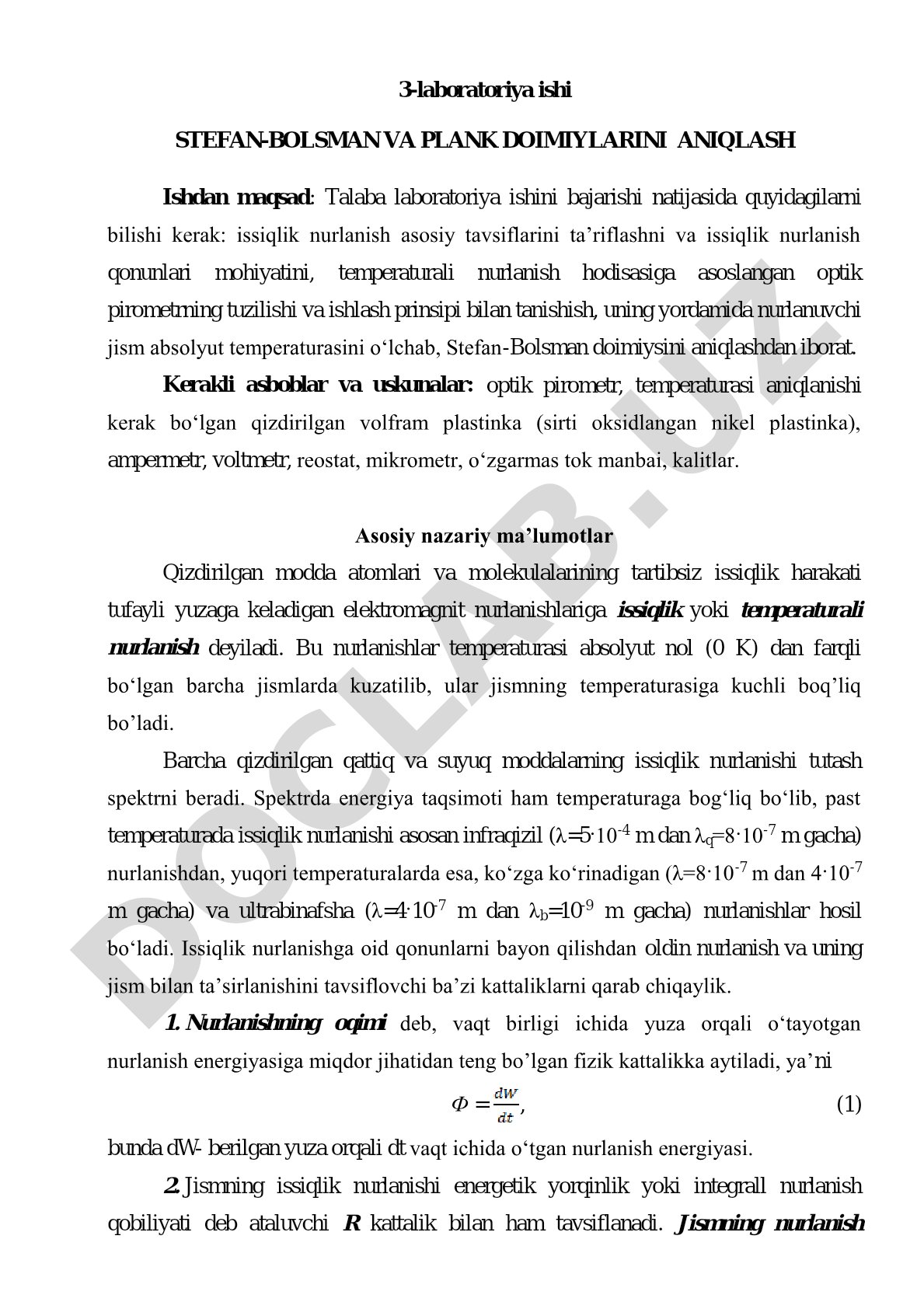 3-laboratoriya ishi Stefan-Bolsman va Plank doimiylarini aniqlash