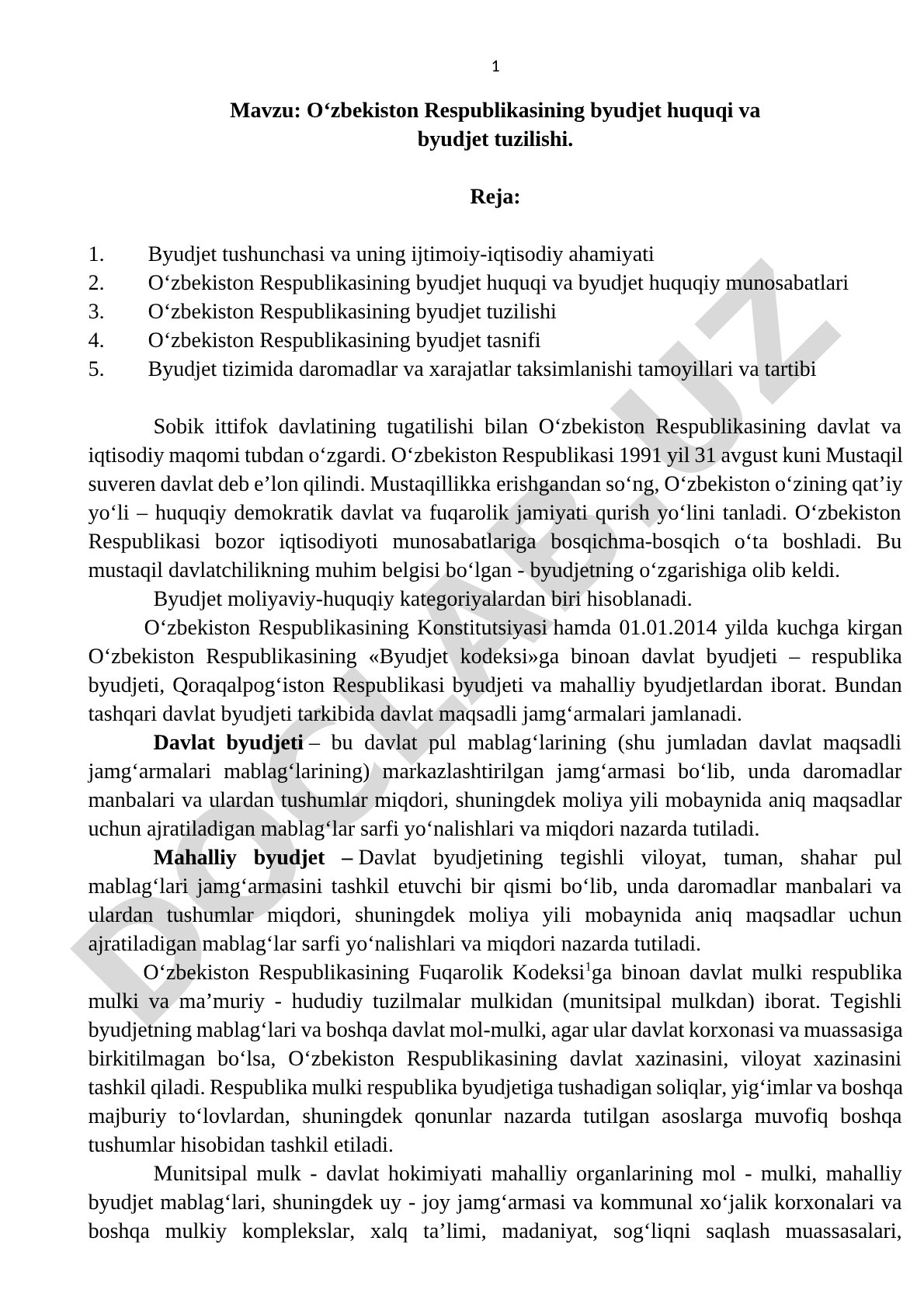 O‘zbekiston Respublikasining byudjet huquqi va byudjet tuzilishi