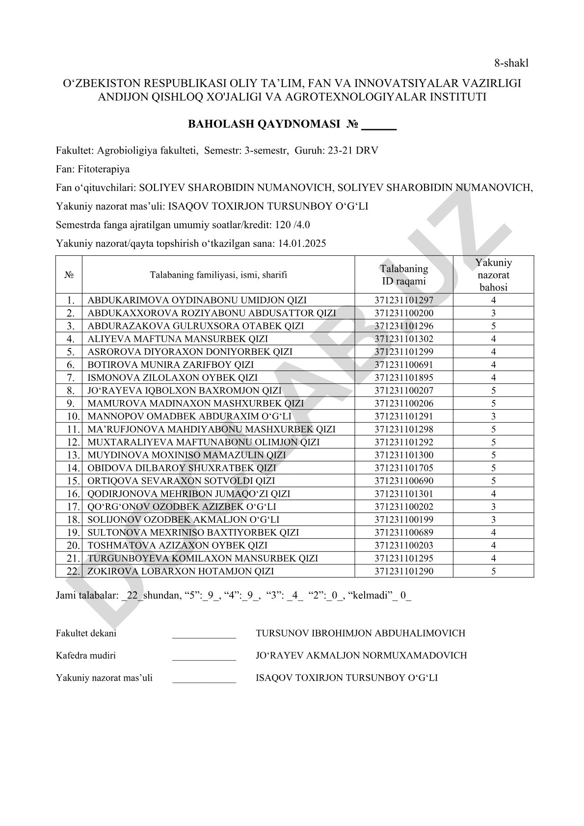 Fitoterapiya fanidan 3-semestr baholash qaydnomasi
