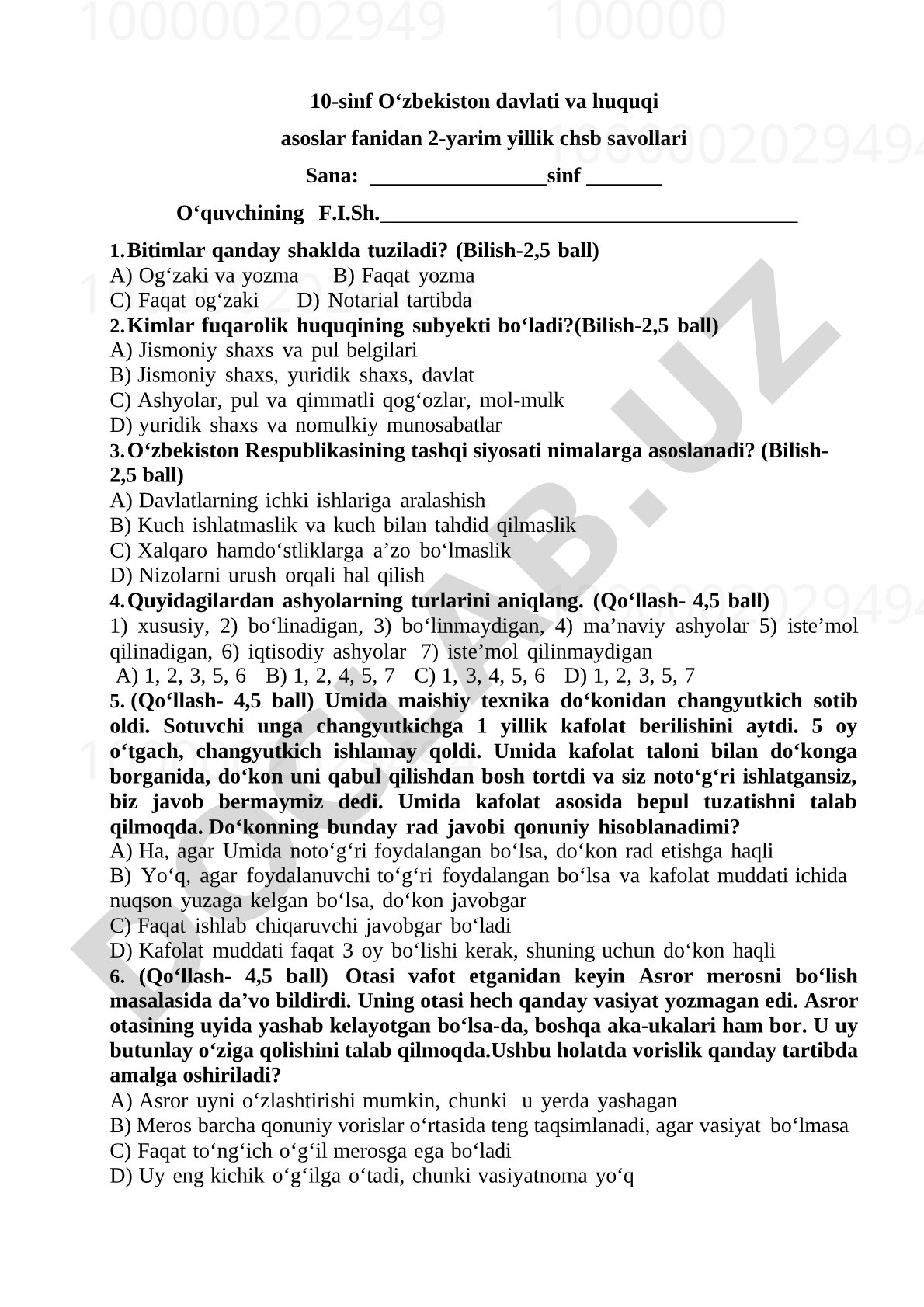 10-sinf O‘zbekiston davlati va huquqi asoslaridan 2-yarim yillik CHSB savollari