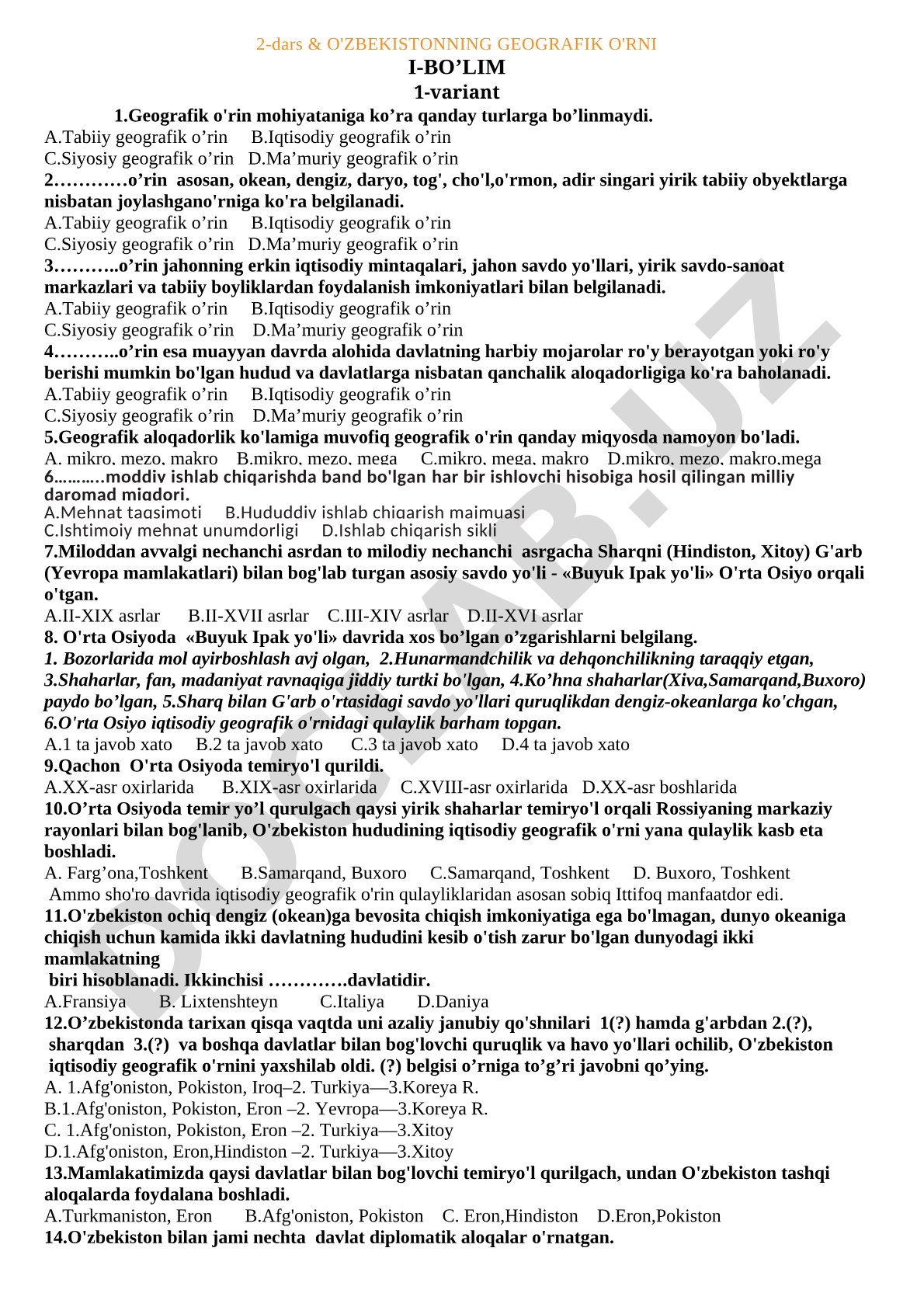 O'zbekistonning geografik o'rni