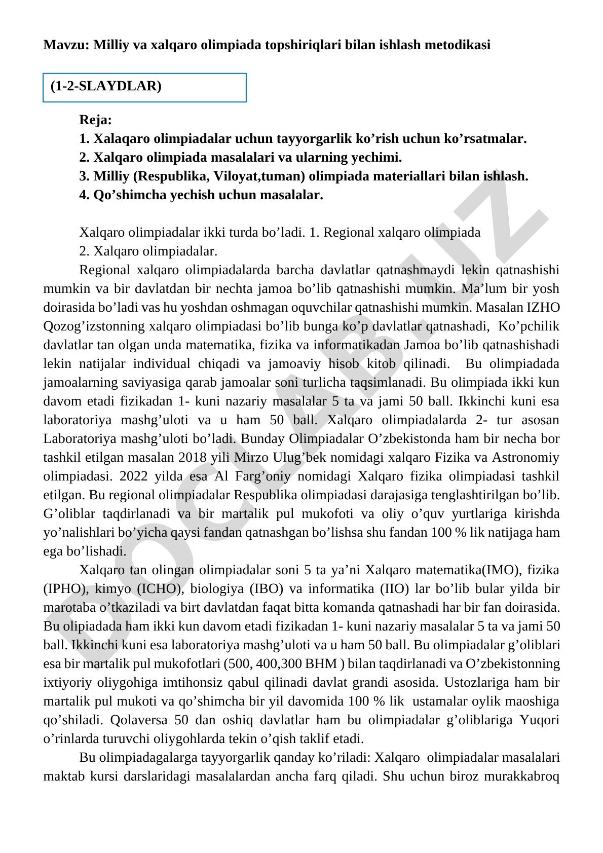 Milliy va xalqaro olimpiada topshiriqlari bilan ishlash metodikasi