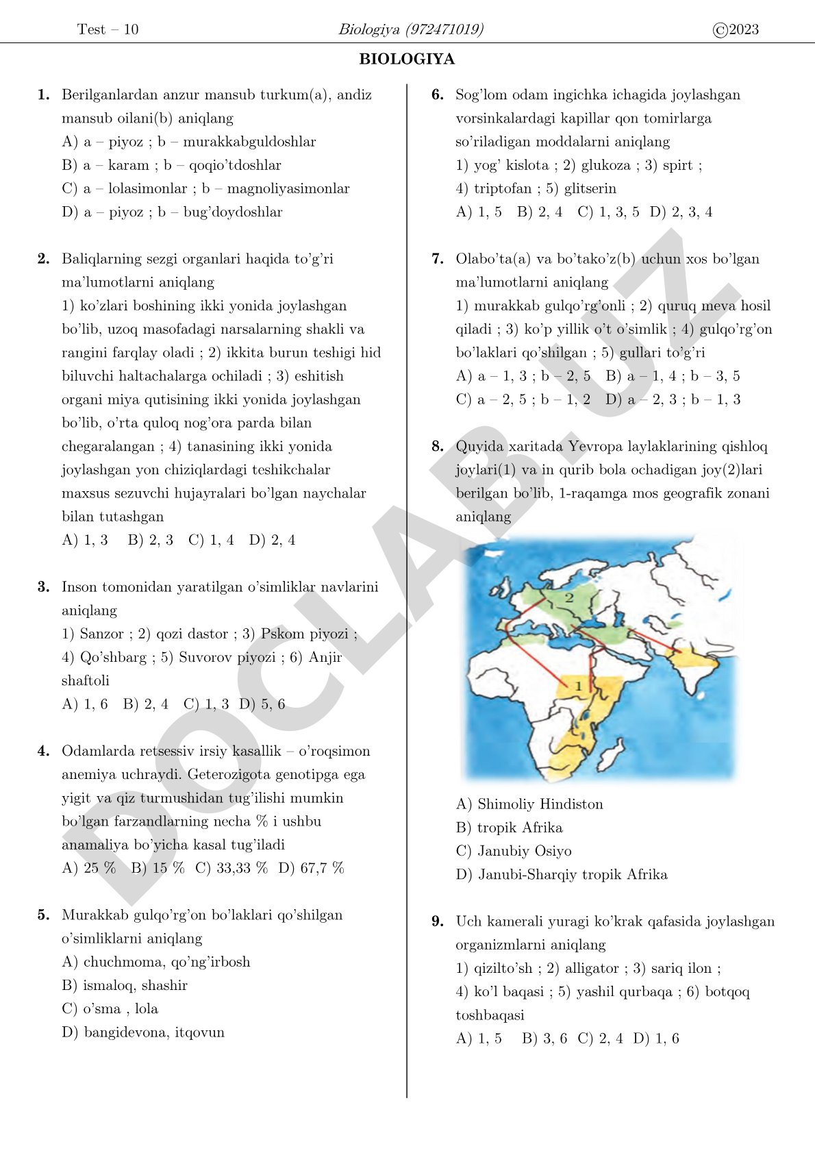 Biologiya bo'yicha test savollari
