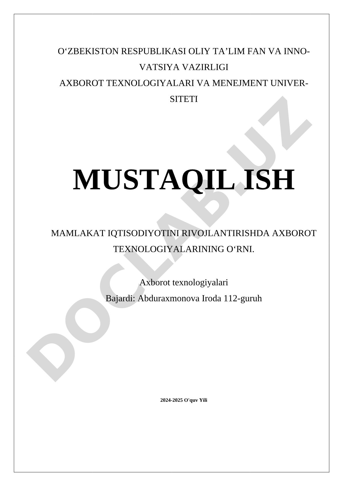 Mamlakat iqtisodiyotini rivojlantirishda axborot texnologiyalarining o‘rni