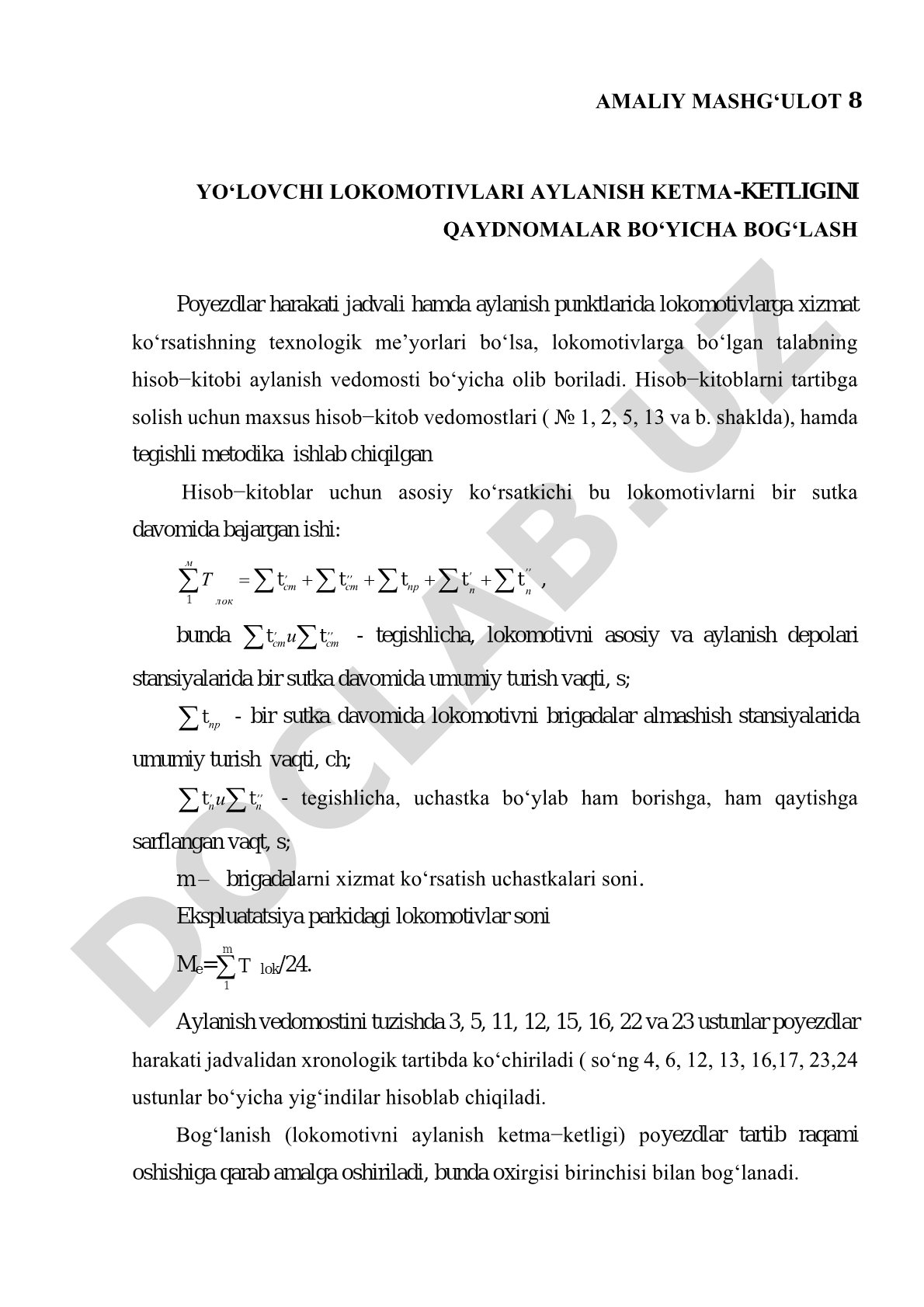 Yo'lovchi lokomotivlari aylanish ketma-ketligini qaydnomalar bo'yicha bog'lash
