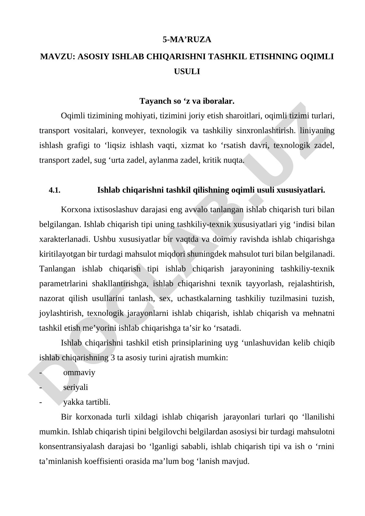 Asosiy ishlab chiqarishni tashkil etishning oqimli usuli