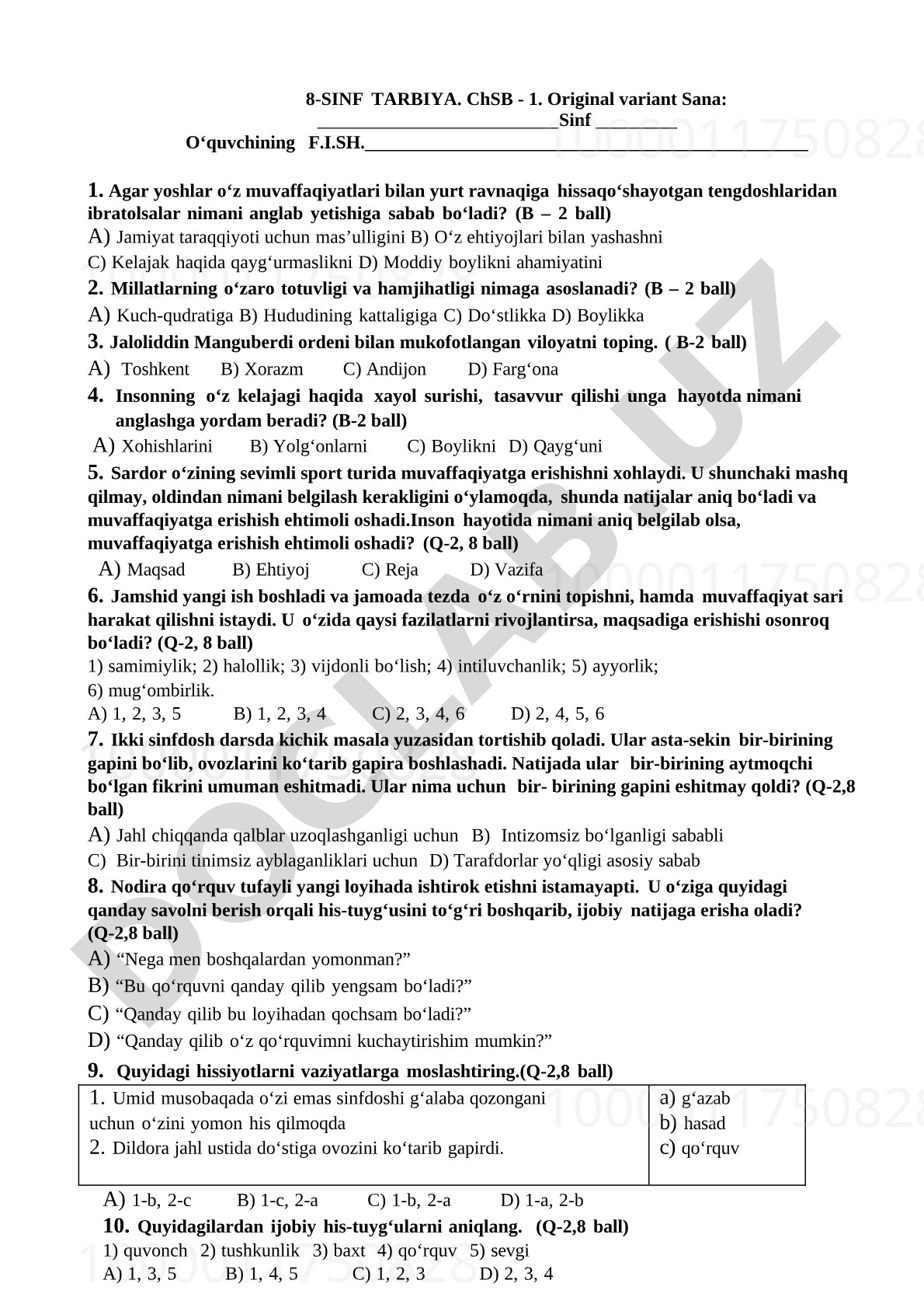 8-sinf Tarbiya fanidan ChSB test savollari