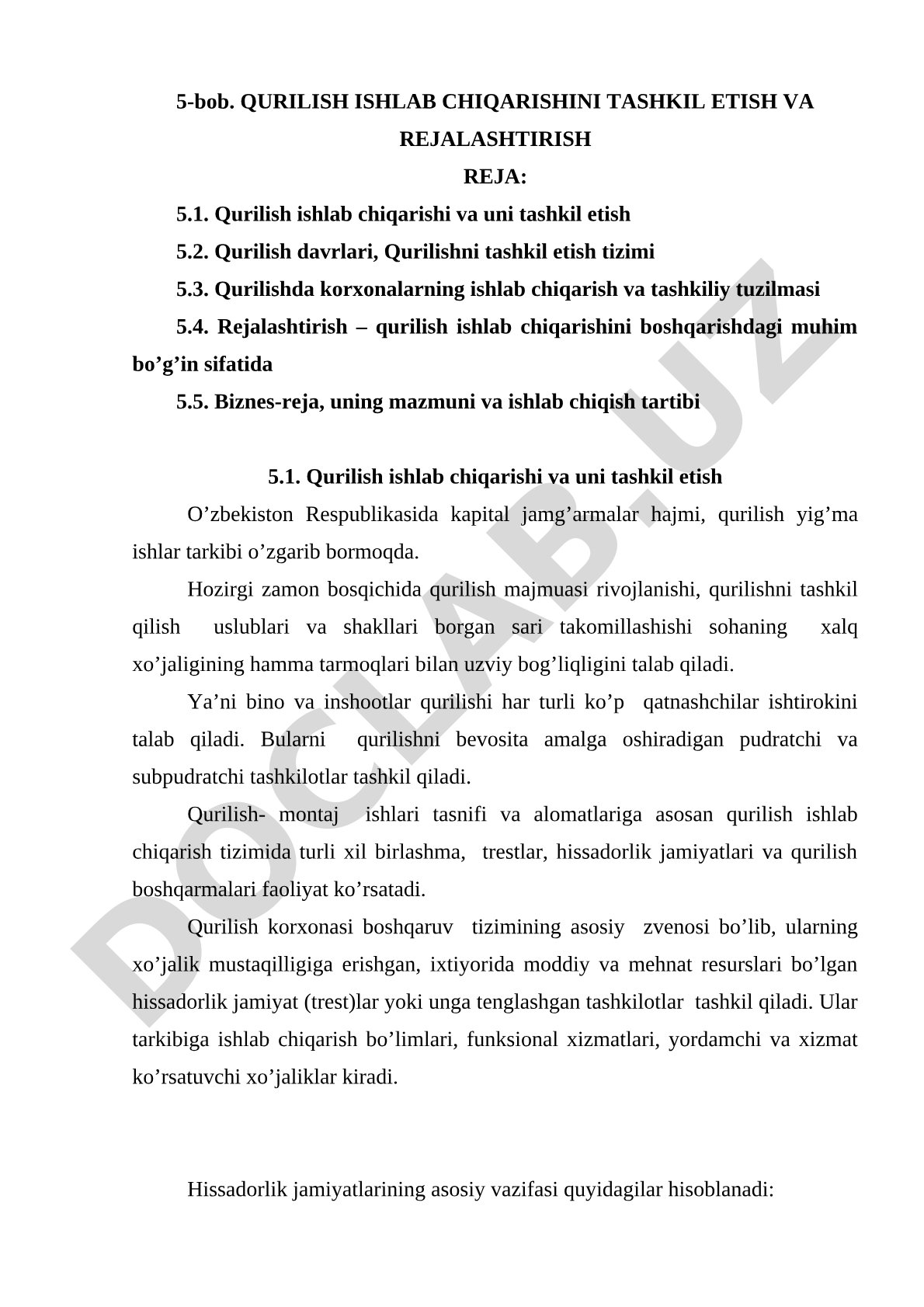Qurilish ishlab chiqarishini tashkil etish va rejalashtirish