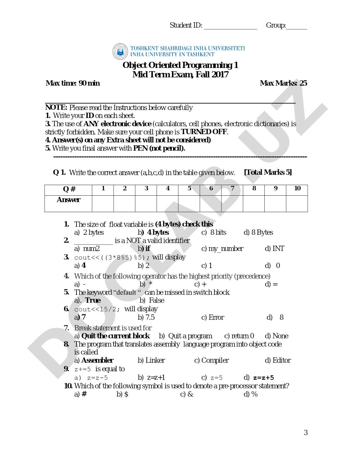 Object Oriented Programming 1 Mid Term Exam, Fall 2017