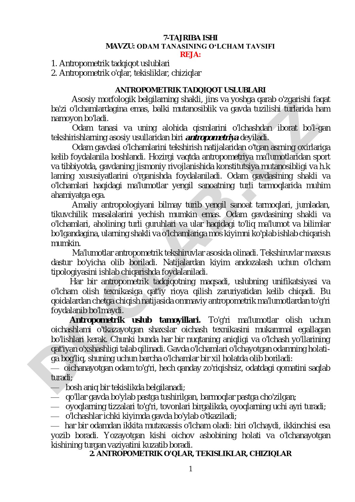 ODAM TANASINING OʻLCHAM TAVSIFI