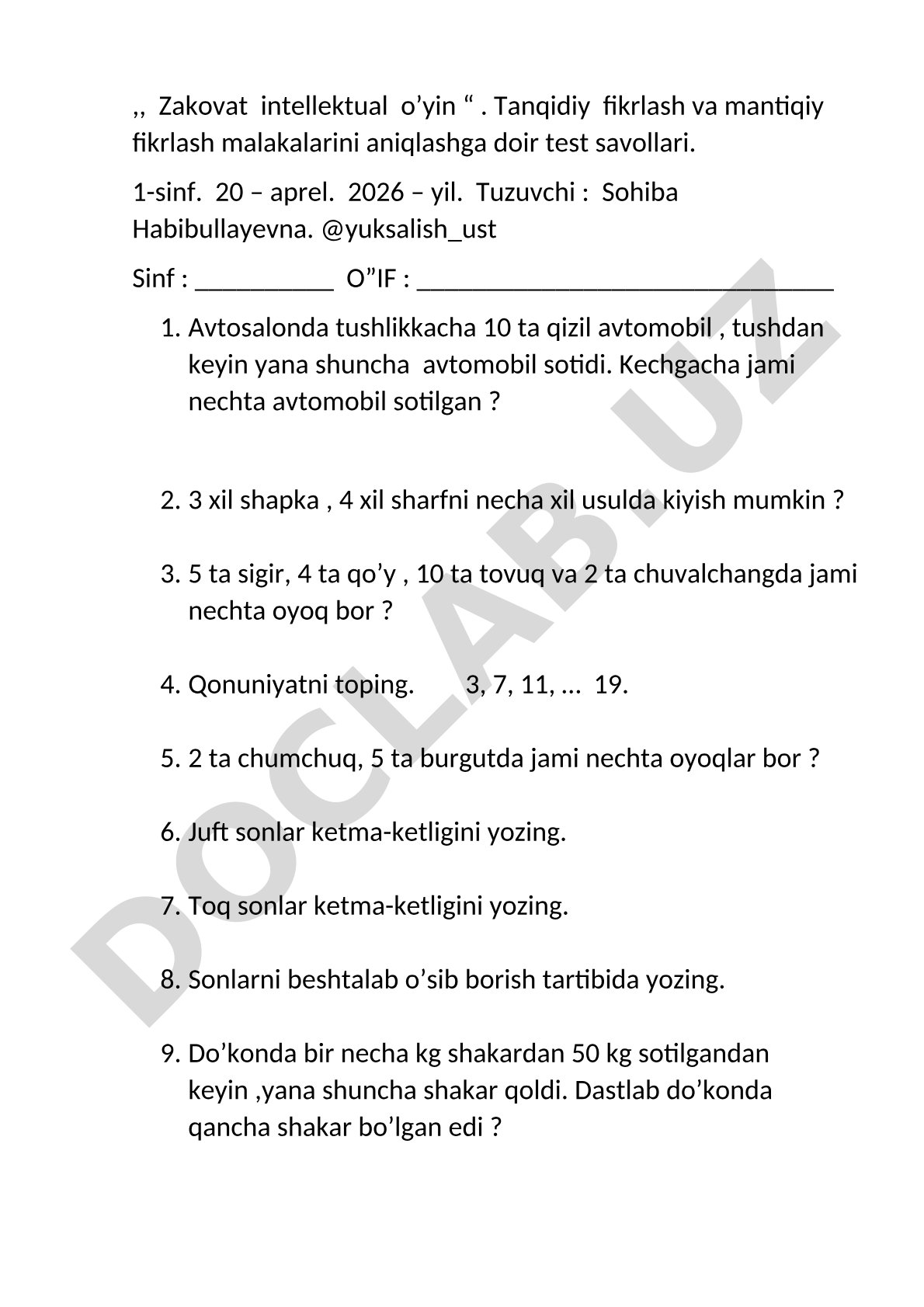 Zakovat intellektual o'yin test savollari (1-sinf)