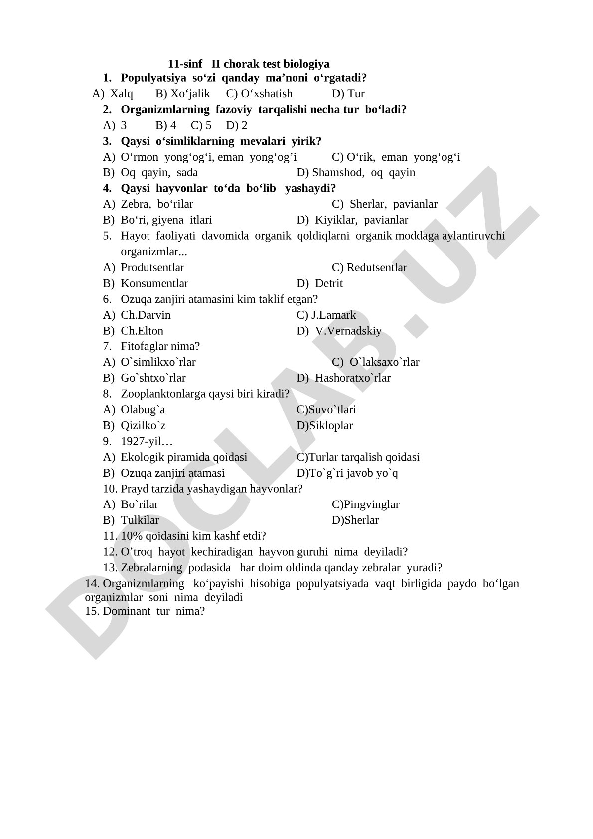 11-sinf II chorak test biologiya