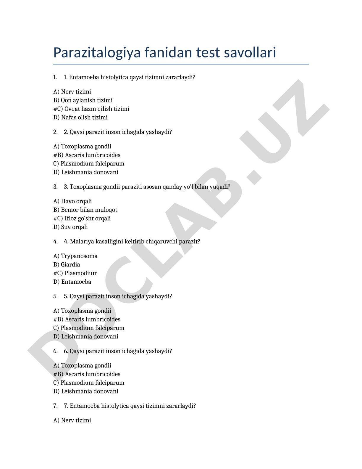 Parazitalogiya fanidan test savollari