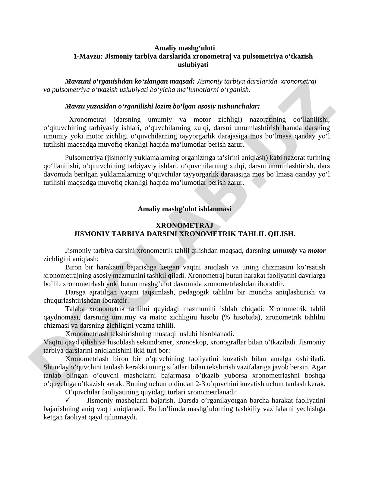 Jismoniy tarbiya darslarida xronometraj va pulsometriya oʻtkazish uslubiyati