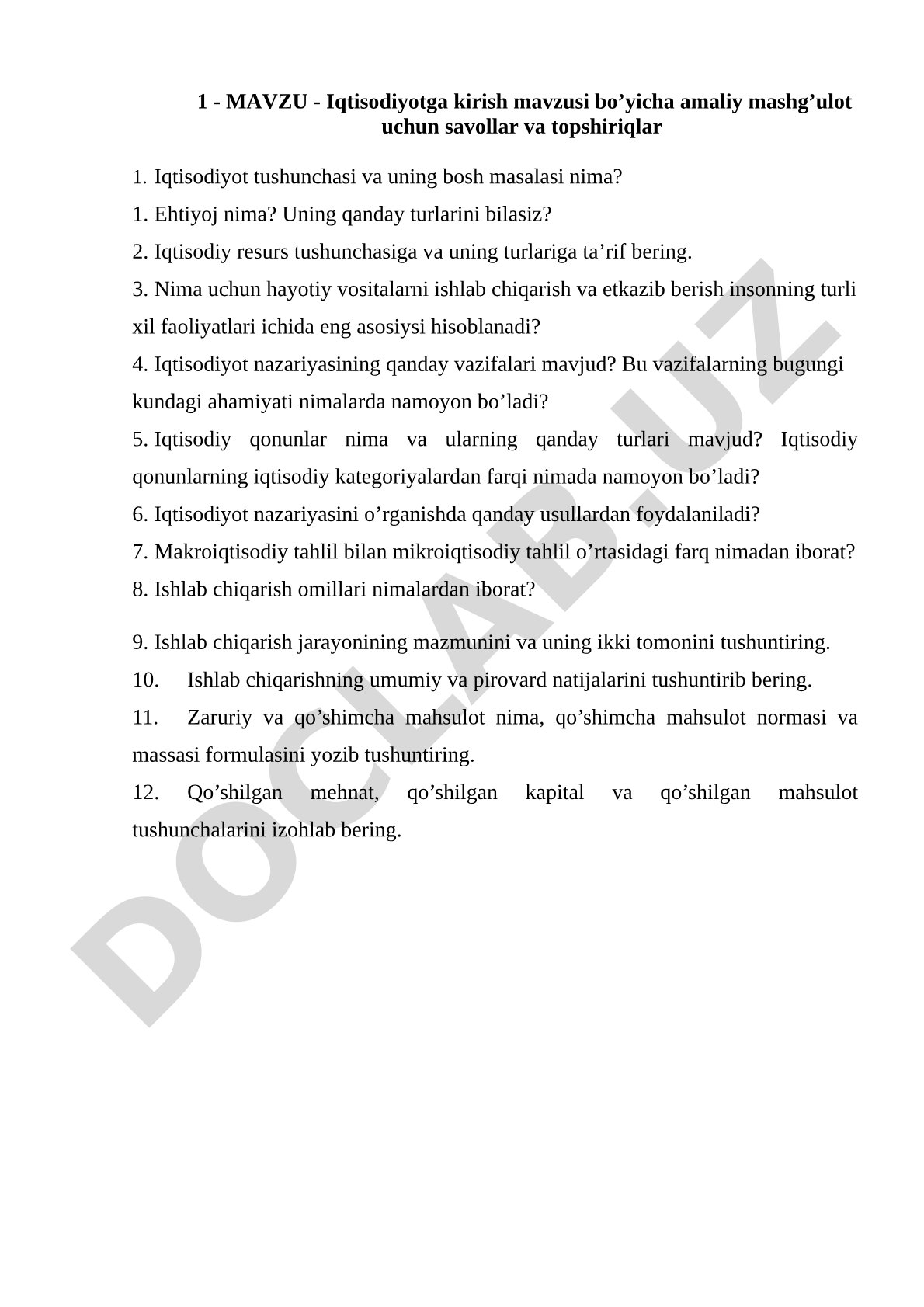 Iqtisodiyotga kirish mavzusi bo’yicha amaliy mashg’ulot uchun savollar va topshiriqlar