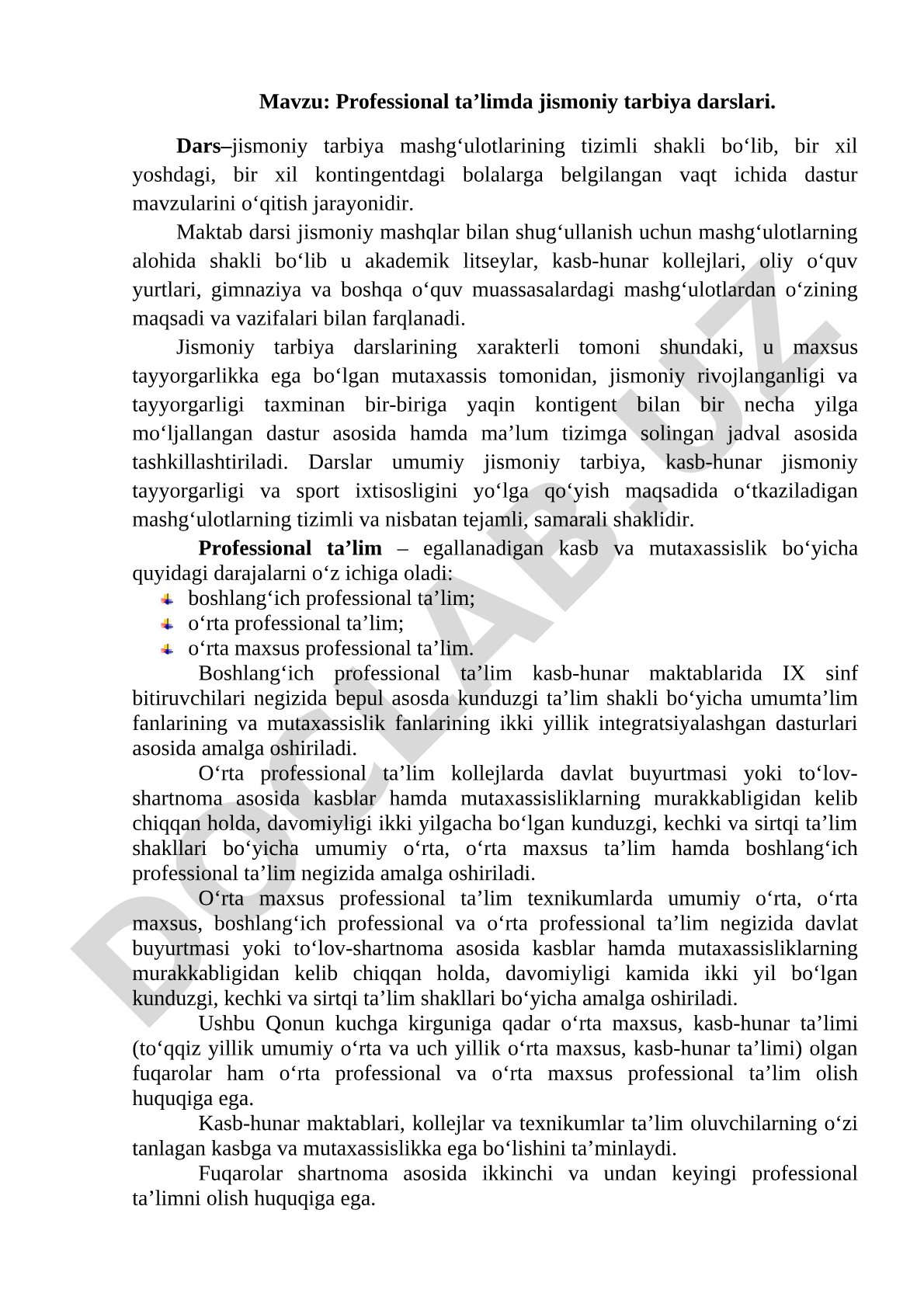 Professional ta’limda jismoniy tarbiya darslari
