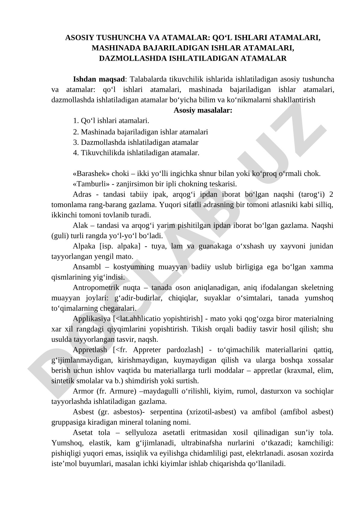 Qo'l ishlari, mashinada bajariladigan ishlar va dazmollashda ishlatiladigan atamalar