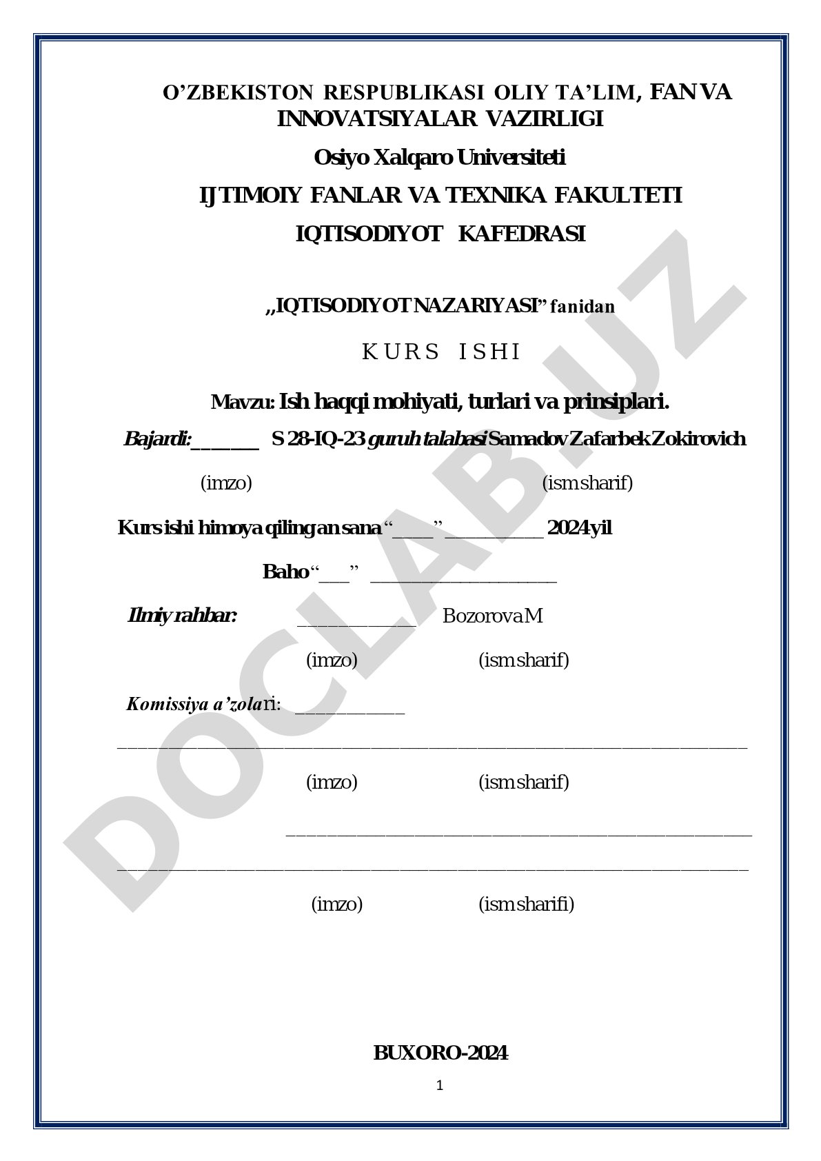 Ish haqqi mohiyati, turlari va prinsiplari.