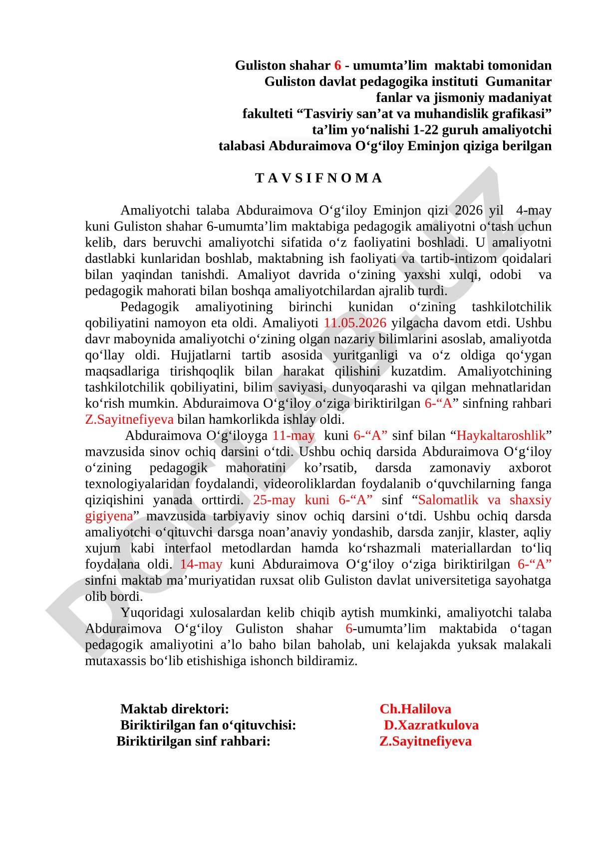 Abduraimova O‘g‘iloyning pedagogik amaliyoti tavsifnomasi