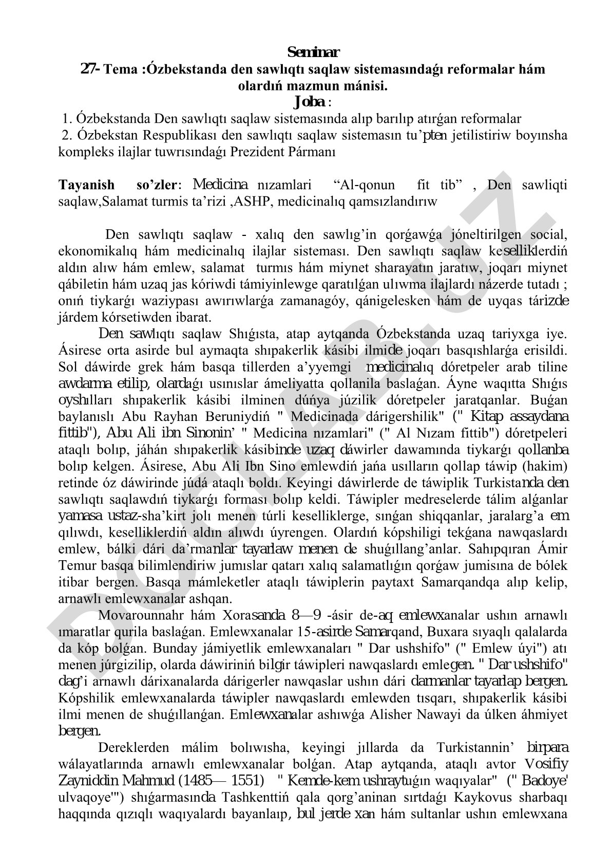 Ózbekstanda den sawlıqtı saqlaw sistemasındaǵı reformalar hám olardıń mazmun mánisi