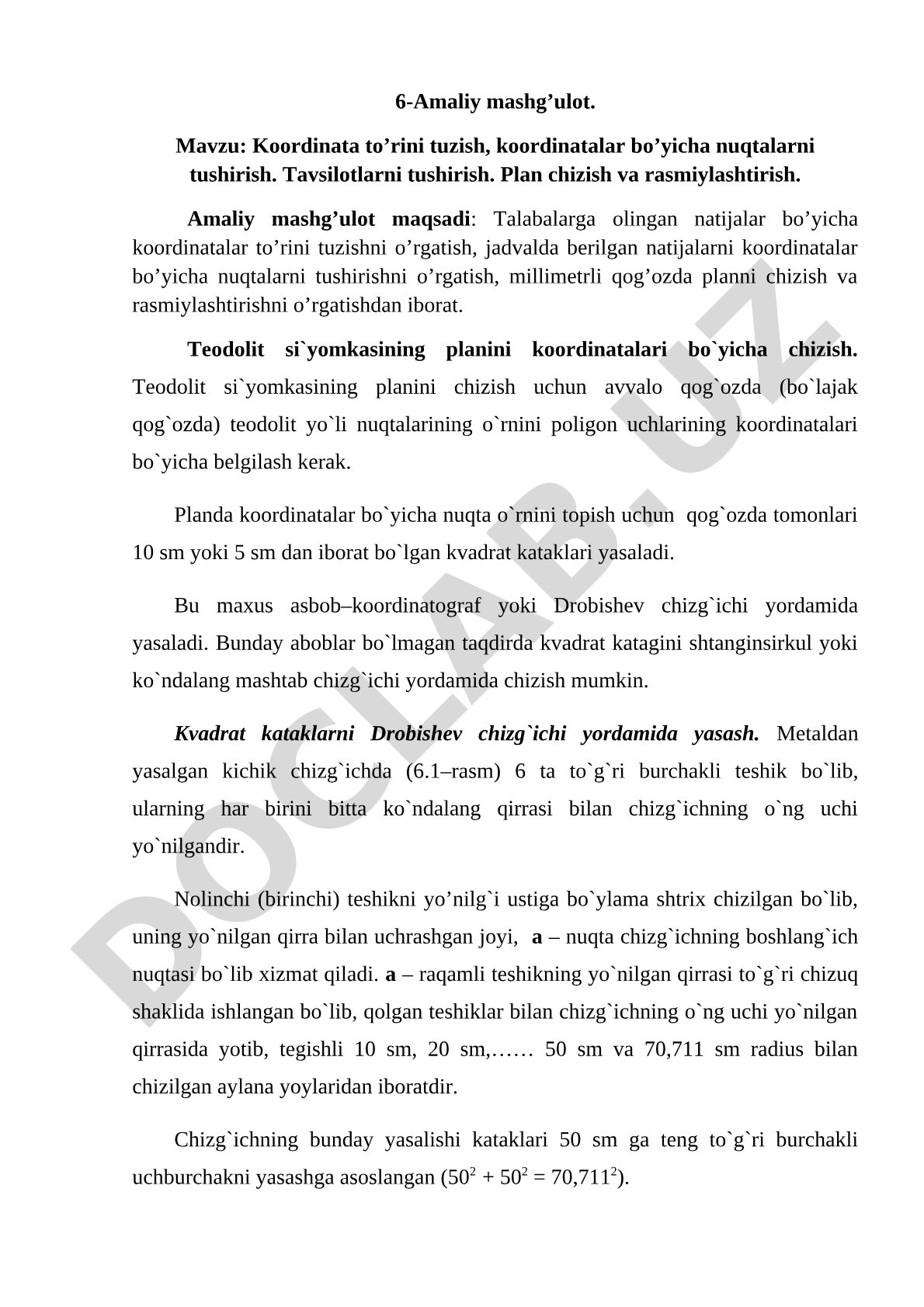 Koordinata to'rini tuzish, koordinatalar bo'yicha nuqtalarni tushirish, plan chizish va rasmiylashtirish