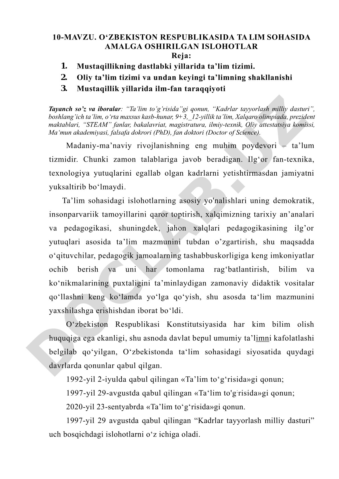 O‘zbekiston Respublikasida ta’lim sohasida amalga oshirilgan islohotlar