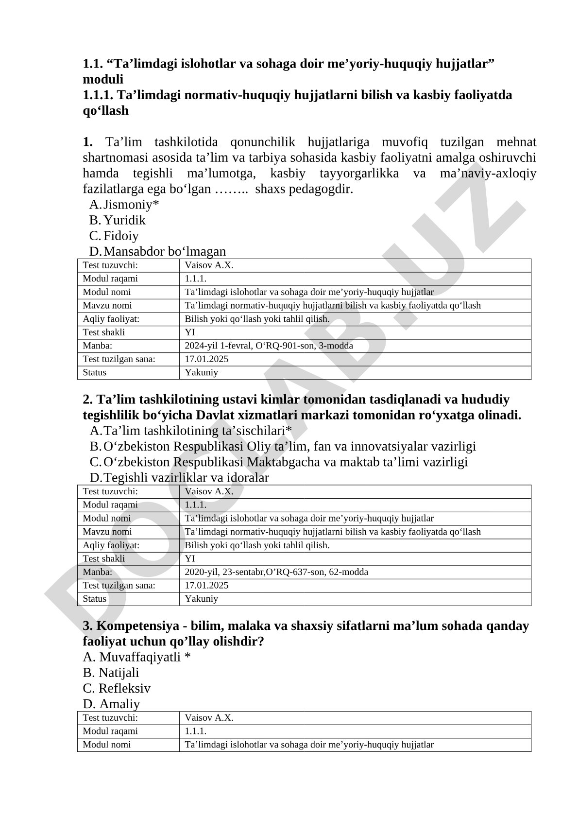 Ta’limdagi normativ-huquqiy hujjatlarni bilish va kasbiy faoliyatda qoʻllash