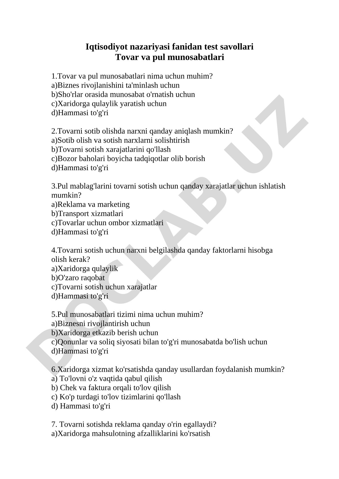 Iqtisodiyot nazariyasi: Tovar va pul munosabatlari test savollari