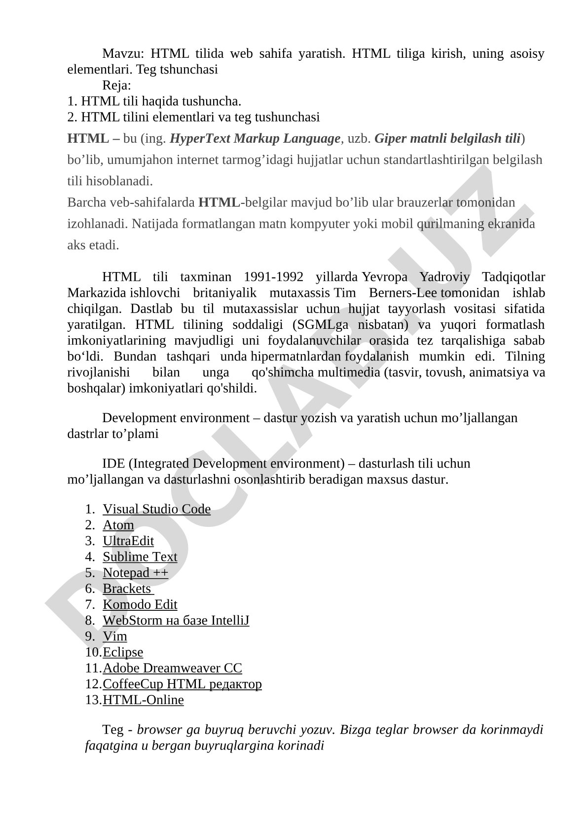 HTML tilida web sahifa yaratish. HTML tiliga kirish, uning asoisy elementlari. Teg tshunchasi