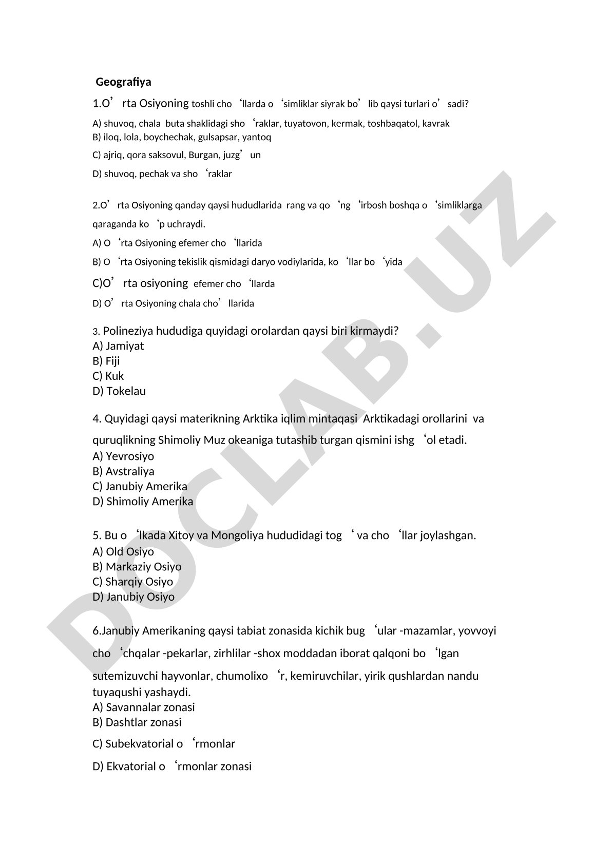 Geografiya fanidan test savollari to'plami