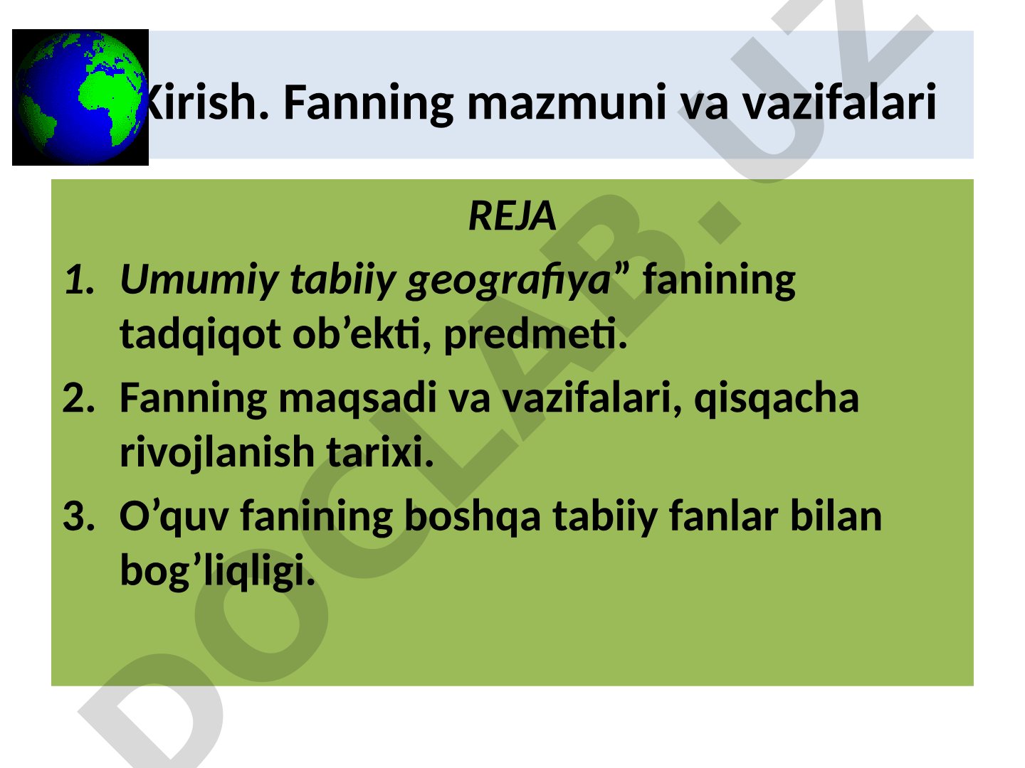 Kirish. Fanning mazmuni va vazifalari